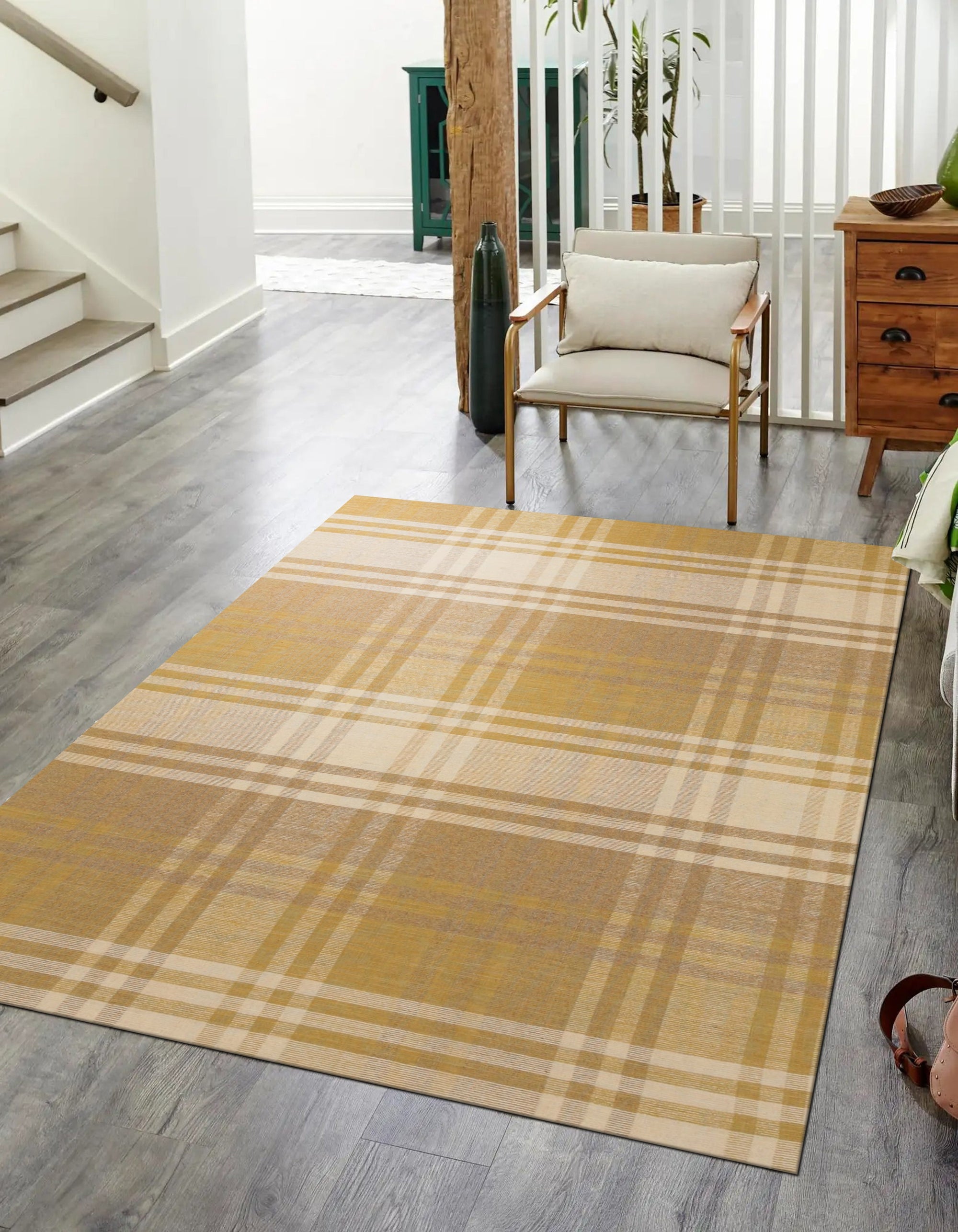 Chic Serene Yellow Flatweave Wool Rug, its soft yellow hue illuminating a modern living space. Flatweave construction evident in its subtle texture, complementing neutral furniture and natural light.