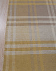 Chic Serene Yellow Flatweave Wool Rug, a serene yellow wool rug with a flatweave construction, lies on a light wooden floor, offering a subtle pop of color and warmth to the room.