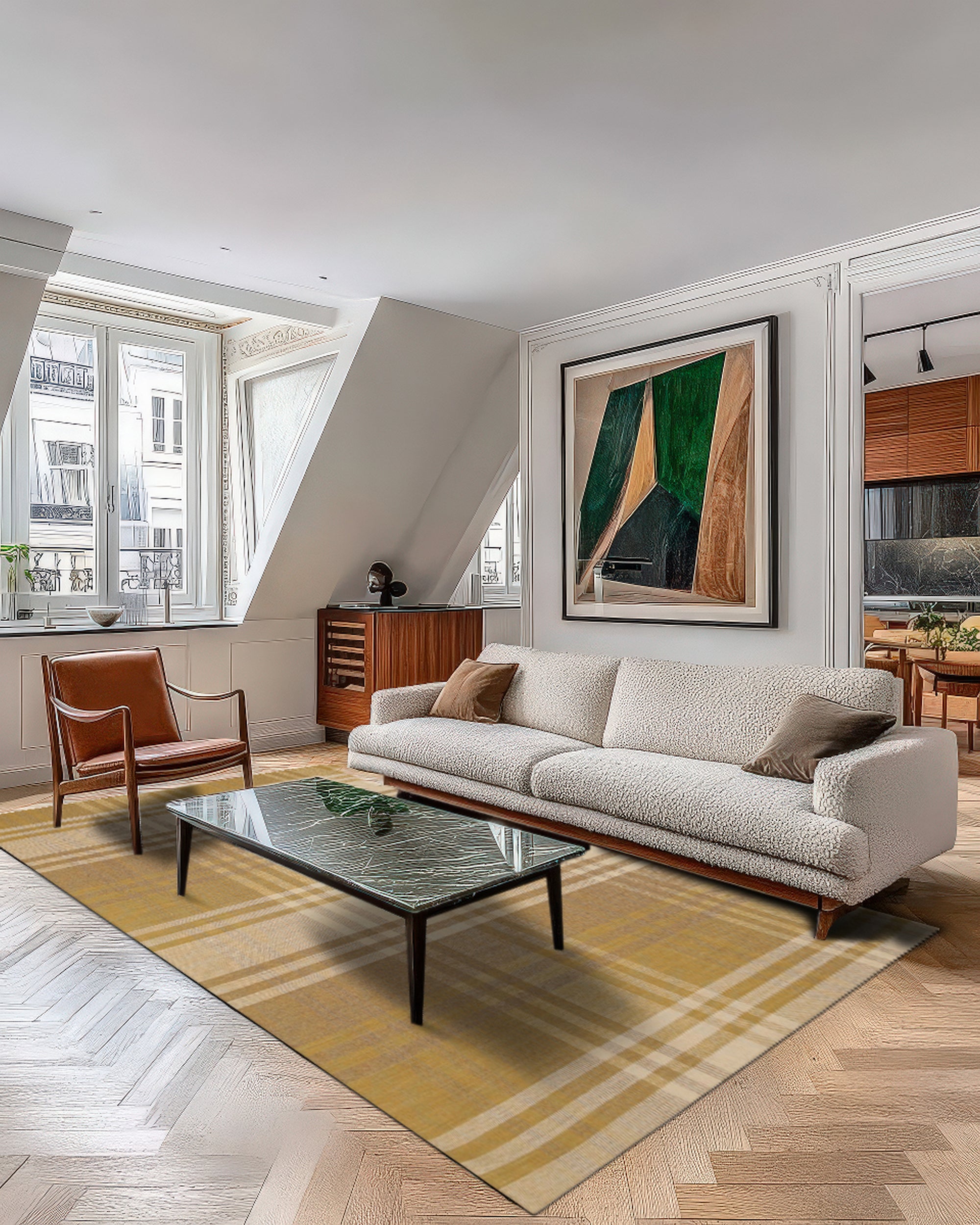 Chic Serene Yellow Flatweave Wool Rug in a bright, contemporary living room setting. Warm yellow tones illuminate the space under a modern sofa, showcasing the rug's flatweave construction and subtle texture.