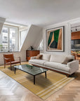 Chic Serene Yellow Flatweave Wool Rug, a sunny yellow wool rug with a subtle flatweave texture, lending a warm and inviting feel to a modern living space.