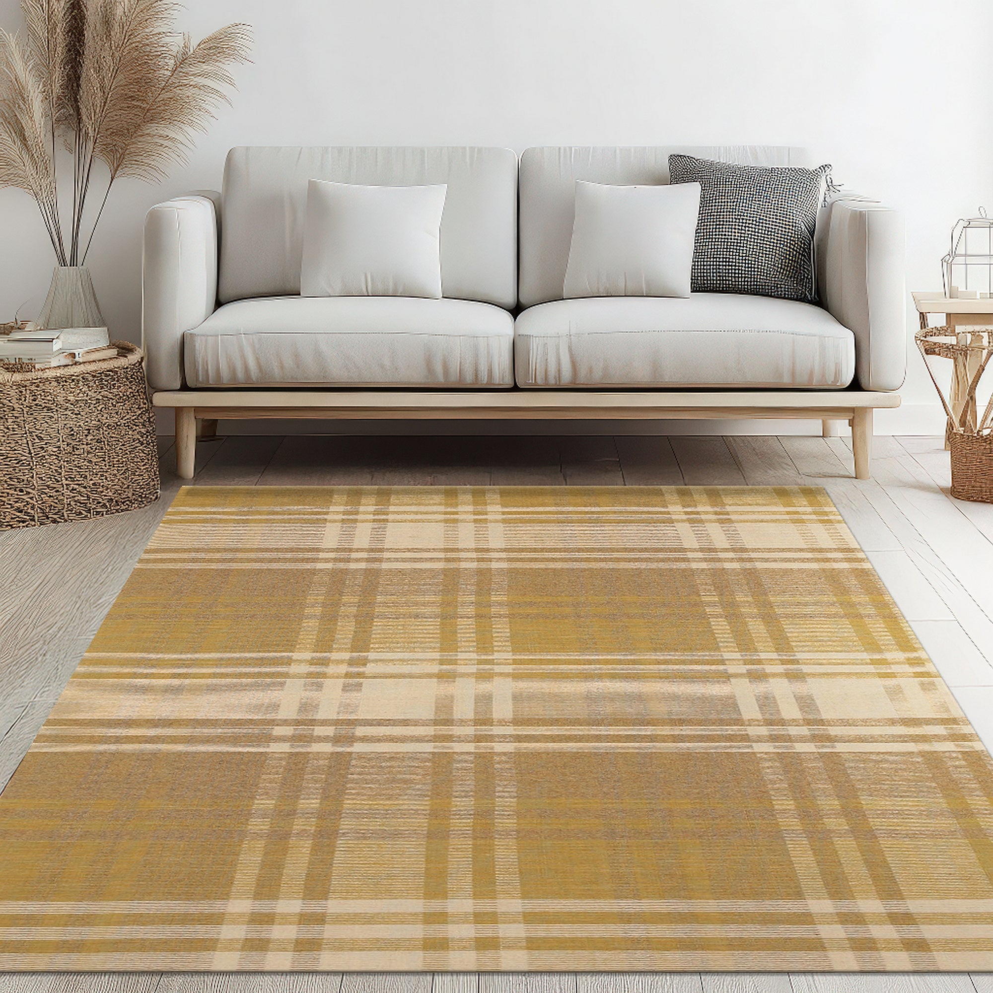 Chic Serene Yellow Flatweave Wool Rug, a serene wash of soft yellow flatweave wool, anchors a bright, modern living space with crisp white walls and minimalist furniture.