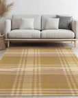 Chic Serene Yellow Flatweave Wool Rug, its sunny yellow hues adding warmth to a modern living space, showcasing its flatweave construction and subtle design details within a styled room setting.