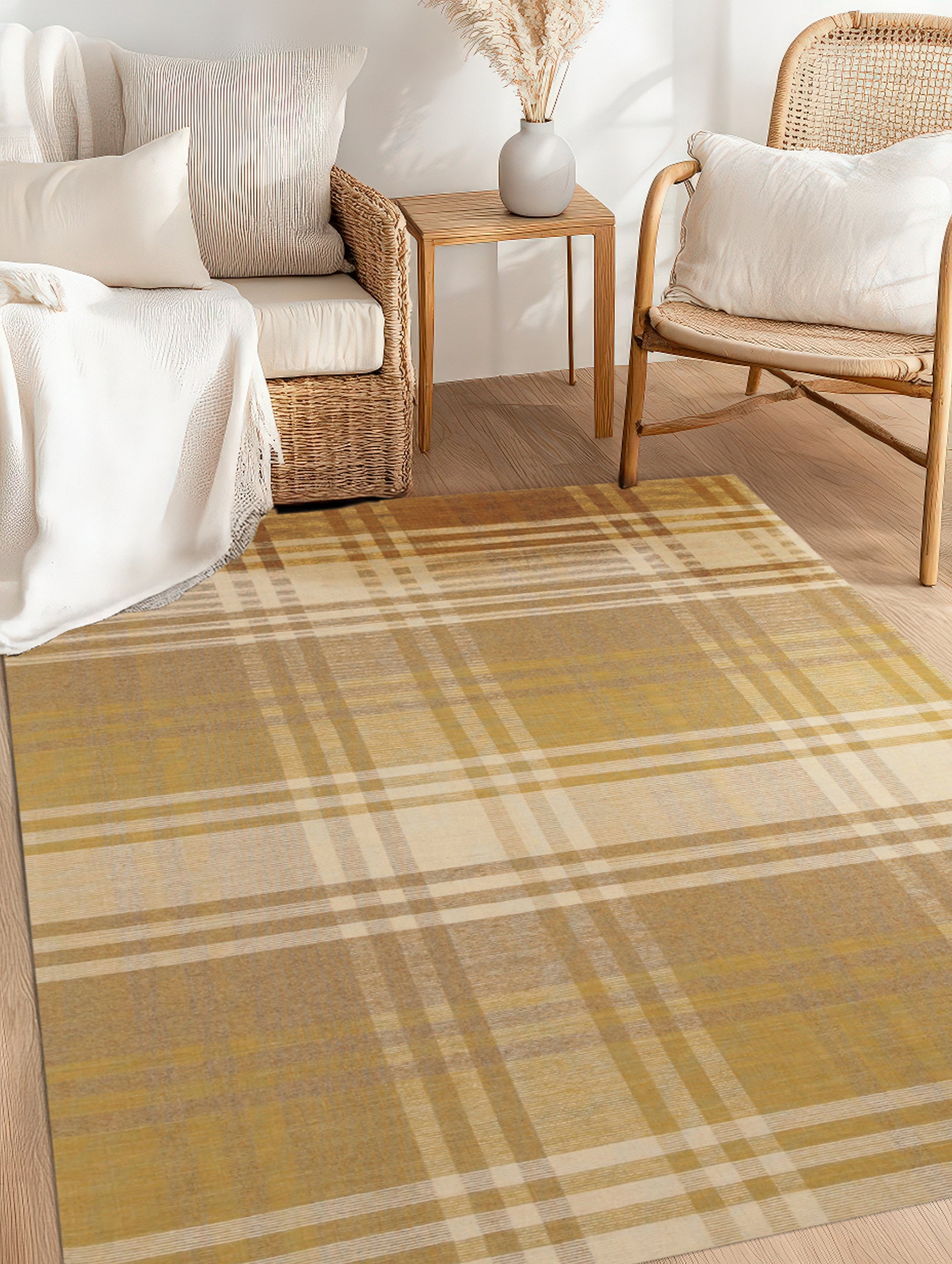 Chic Serene Yellow Flatweave Wool Rug gracing a light-filled living room. Pale wood floors accentuate its subtle yellow hues and flatweave texture, adding a touch of warmth and serenity to the modern space.