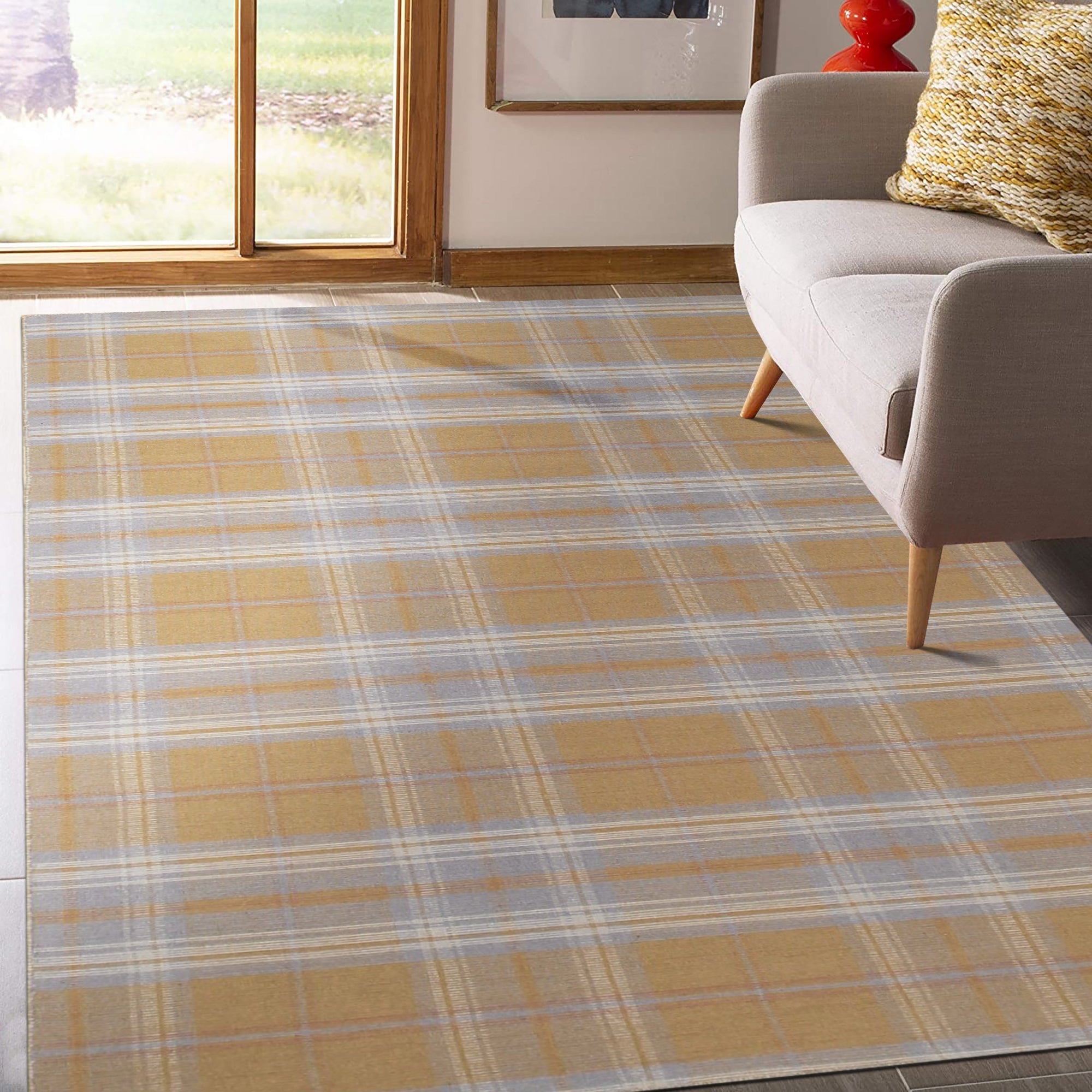 Sarrah Delicate Gold Flatweave Wool Rug, luxurious gold wool rug with a subtle, textured flatweave design, accenting a modern living space with warm sophistication.