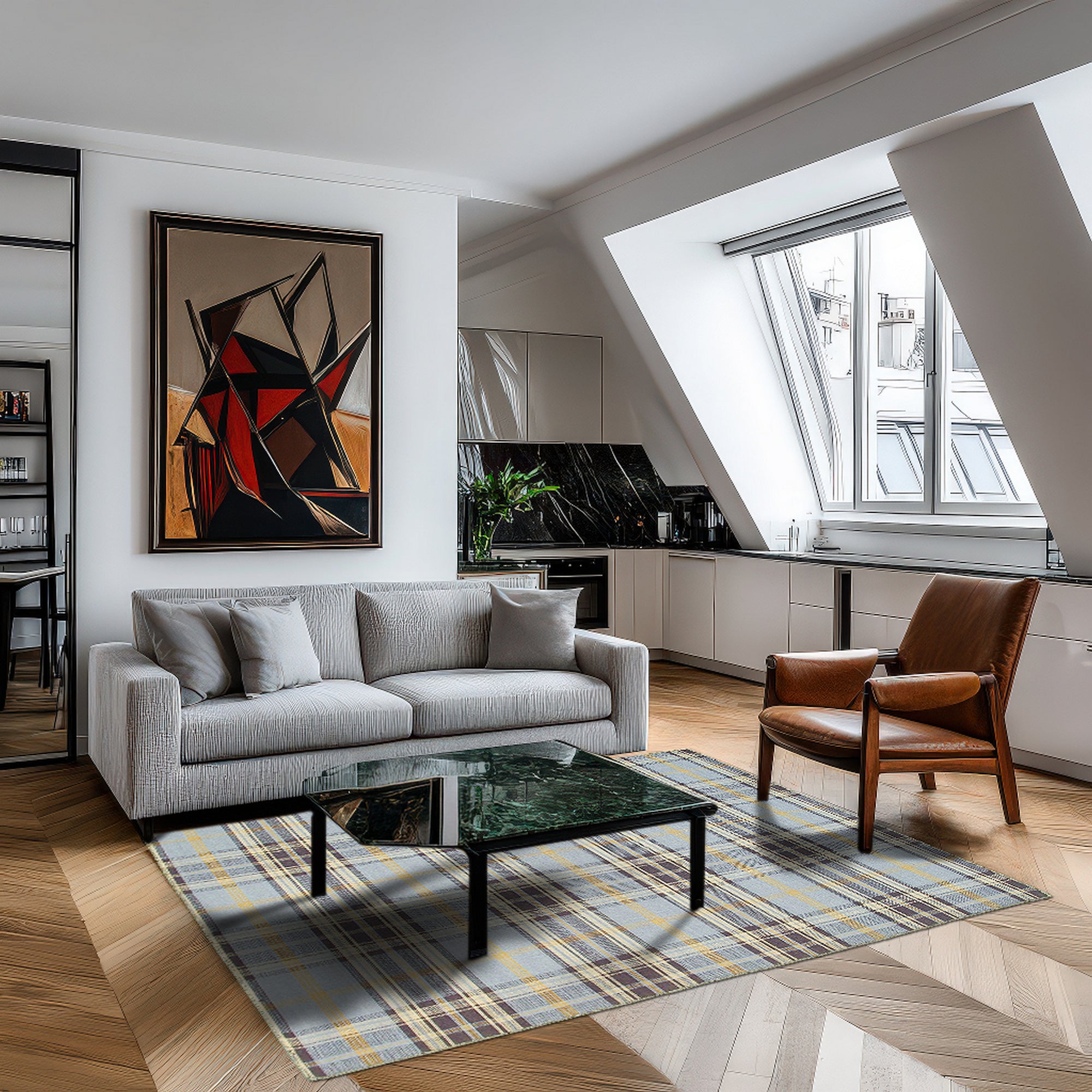 Jade Dahlia Blue Flatweave Wool Rug, featuring a swirling dahlia pattern in shades of blue and cream, lying flat on a light wood floor in a bright, modern living room setting.