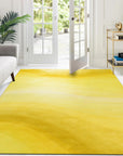 Inviting Ruby Yellow Hand Tufted Wool Rug, warm yellow hues and plush texture on display, detail capturing the rug's hand-tufted construction and inviting appeal, as seen in a curated setting.