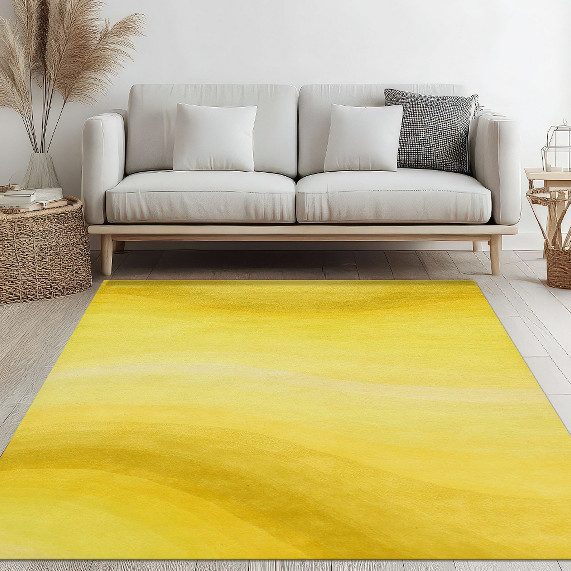 Inviting Ruby Yellow Hand Tufted Wool Rug, showcasing vibrant ruby and yellow hues in a densely tufted wool construction, seen in a room setting demonstrating its scale and texture.