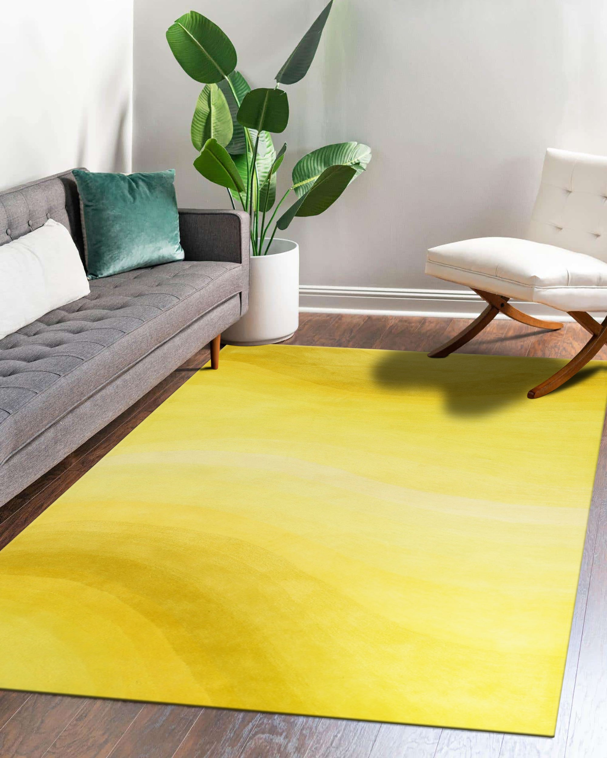 Inviting Ruby Yellow Hand Tufted Wool Rug, its warm ruby and yellow hues radiating from the dense, hand-tufted wool, complements a modern living space.