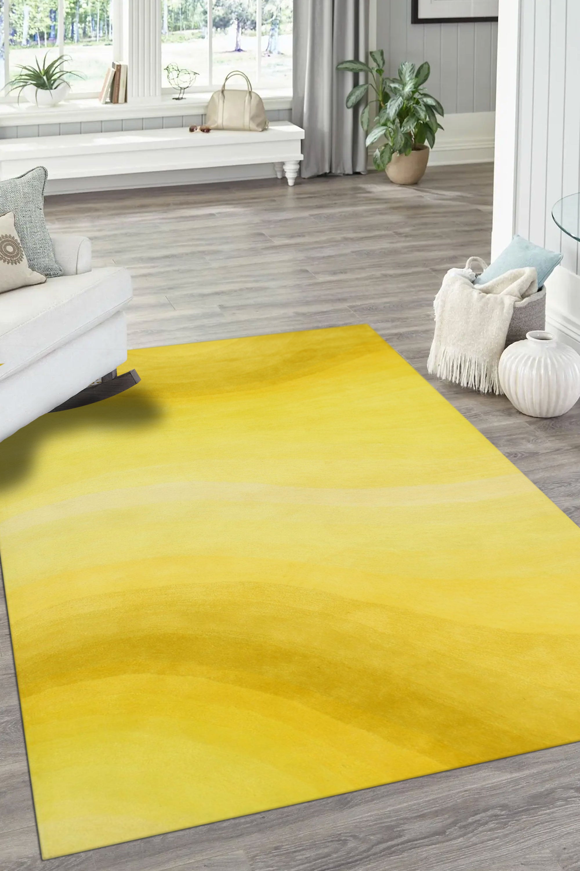 Inviting Ruby Yellow Hand Tufted Wool Rug, a warm ruby and yellow wool rug with a geometric design, seen in a brightly lit living room setting.