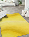 Inviting Ruby Yellow Hand Tufted Wool Rug, a warm ruby and yellow wool rug with a geometric design, seen in a brightly lit living room setting.