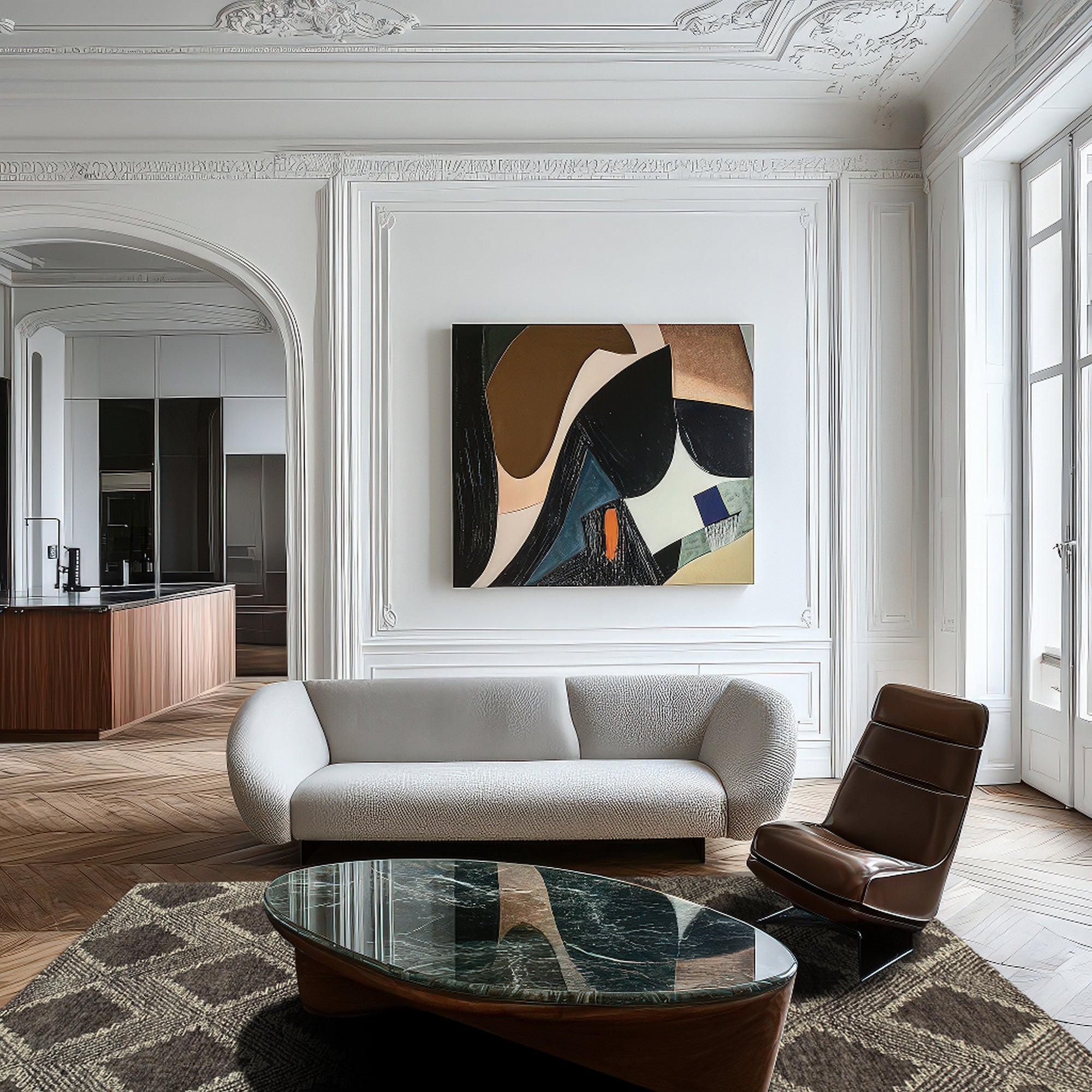 Xena Ava Charcoal Hand Tufted Wool Rug, blending seamlessly into a modern living room. Deep charcoal tones and hand-tufted wool construction provide a luxurious texture underfoot, complementing a minimalist aesthetic.