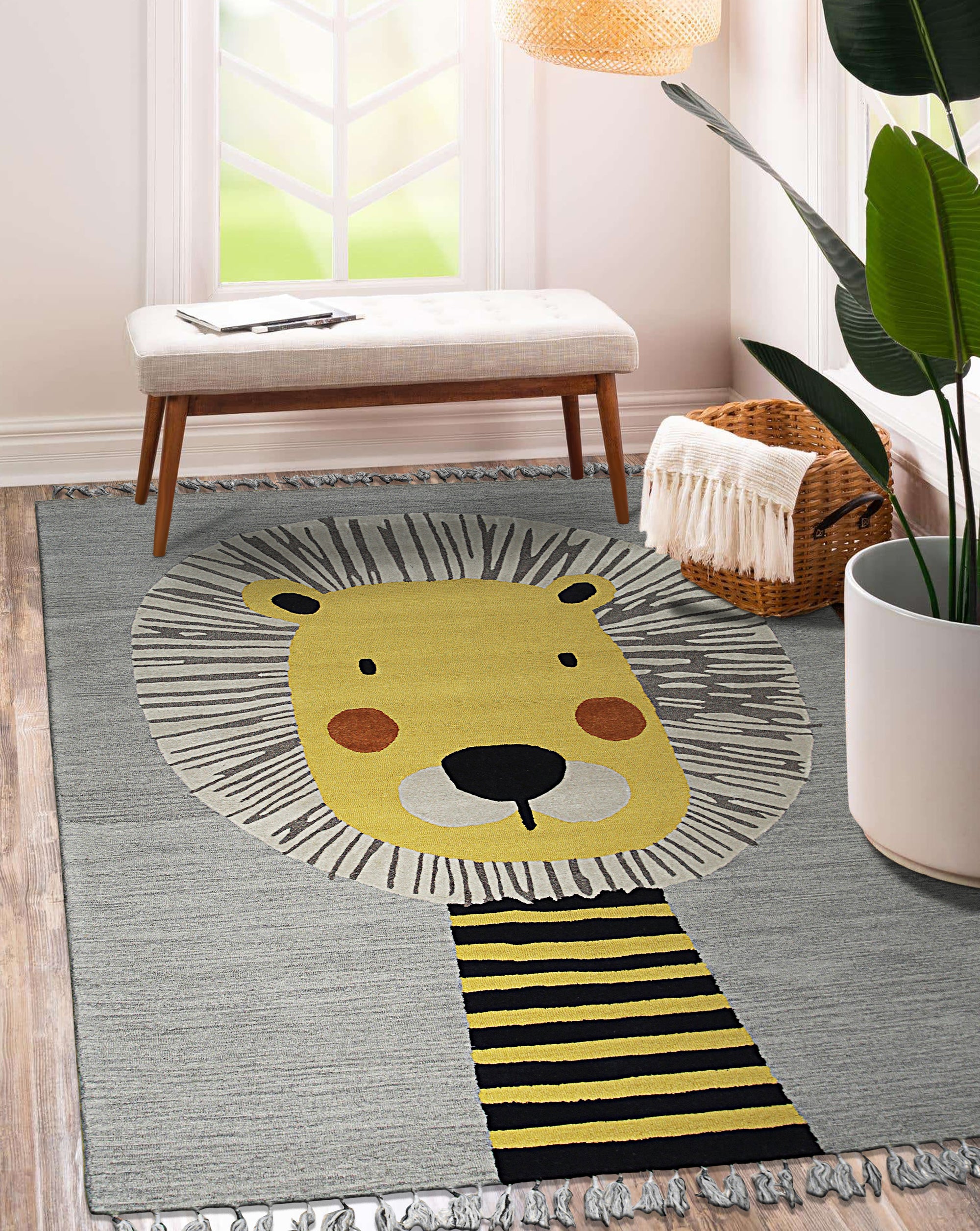 Lush Graceful Gray Hand Tufted Wool Rug, soft gray wool pile creates a cozy and inviting texture, seen in a bright, modern living space.
