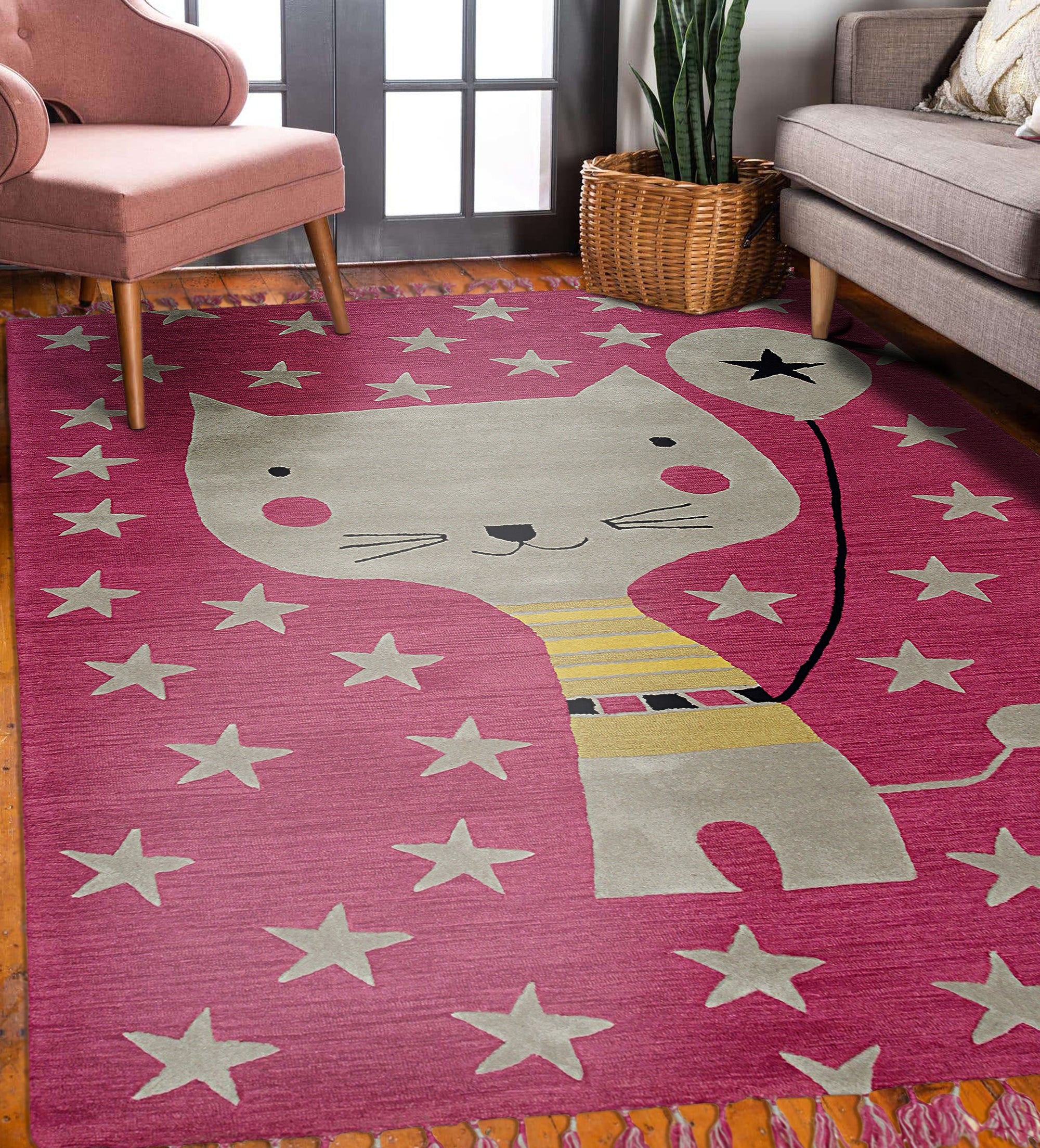 Iris Laine Pink Hand Tufted Wool Rug, softly glowing on a light hardwood floor, its hand-tufted wool offering a plush texture and a gentle wash of pink across its subtle design, bathed in warm, natural light.