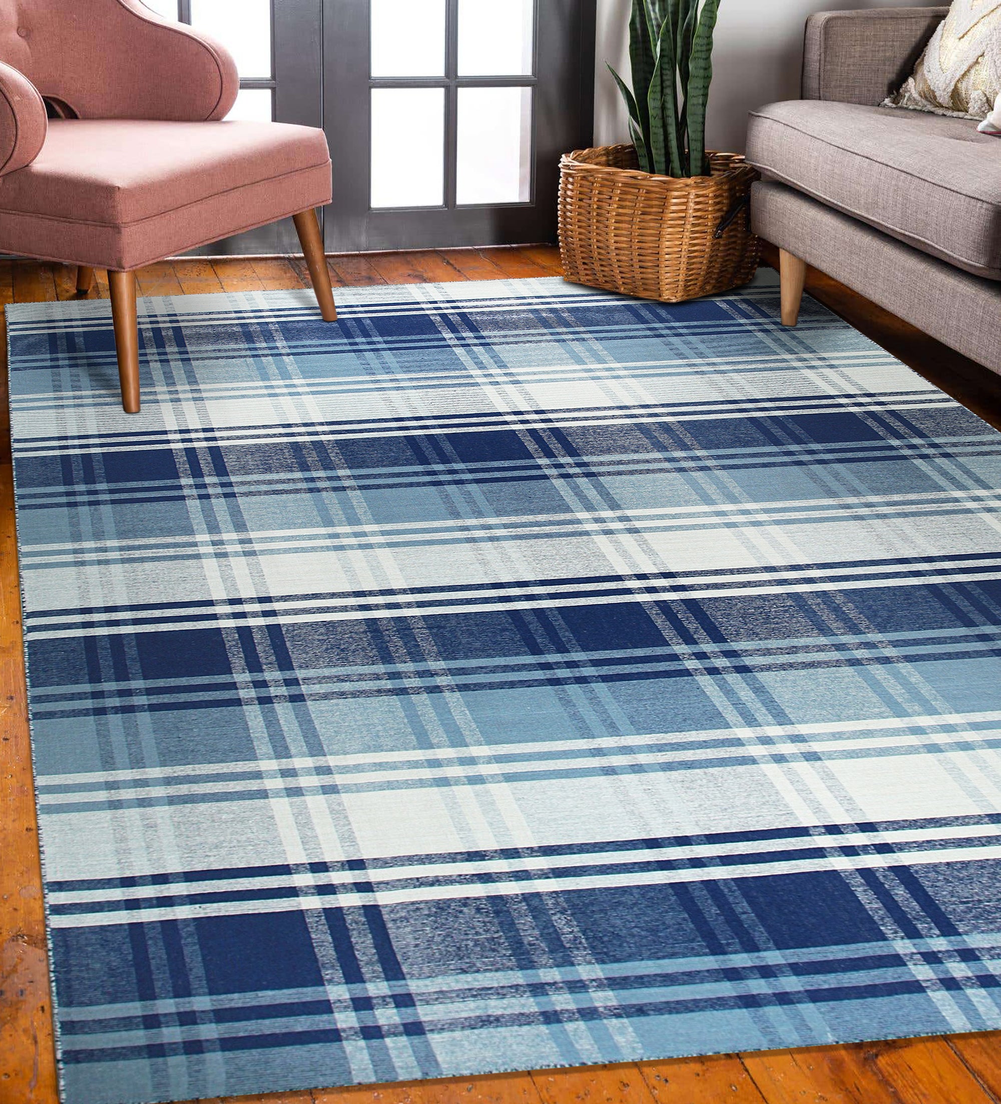 Sophisticated Elegant Blue Flatweave Wool Rug, showing a close-up of its tightly woven, flat surface and cool blue tones, revealing the rug's subtle texture.