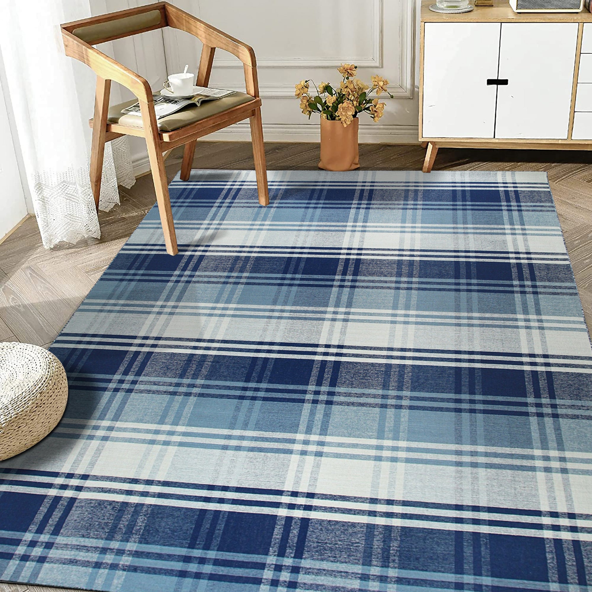Sophisticated Elegant Blue Flatweave Wool Rug, showcasing a calming blue palette and flatweave construction in a living space setting.