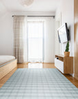 Classic Radiant Gray Flatweave Wool Rug, a textured, neutral gray flatweave rug softening a brightly lit living room.