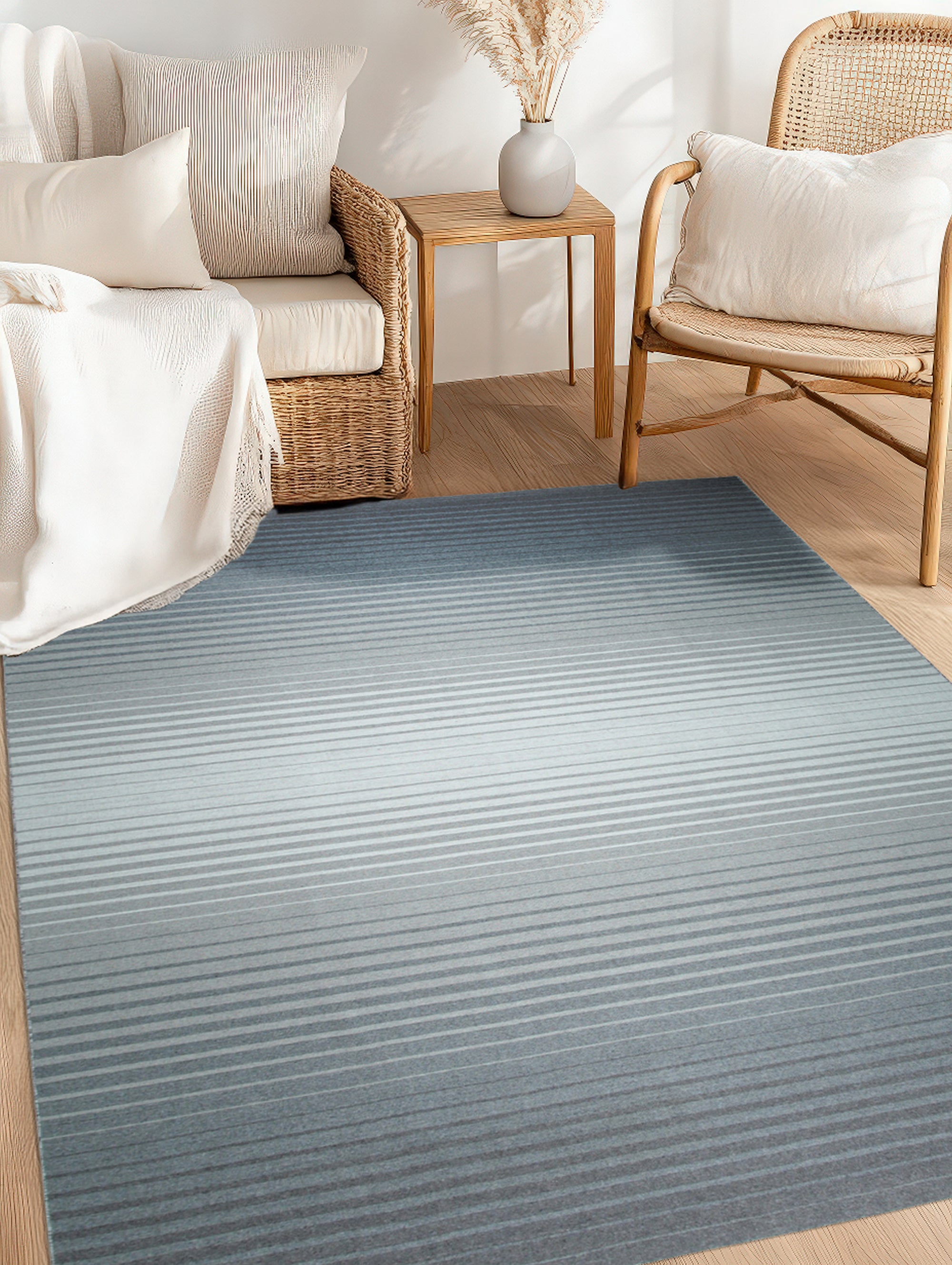 Timeless Comfortable Gray Flatweave Wool Rug, textured gray wool flatweave seen in a bright, modern living room setting.