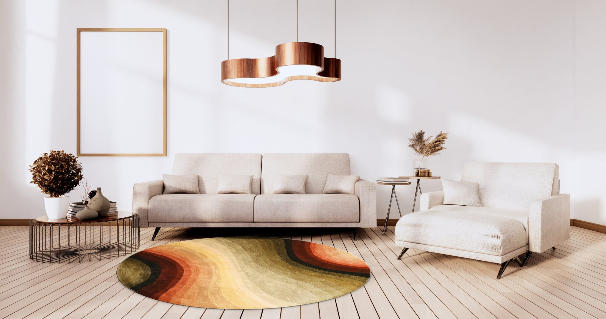 Stylish Sloane Multicolor Hand Tufted Wool Rug, showcasing vibrant hues and textures in a contemporary living space; light wood flooring complements the rug's dynamic pattern, adding warmth and visual interest.