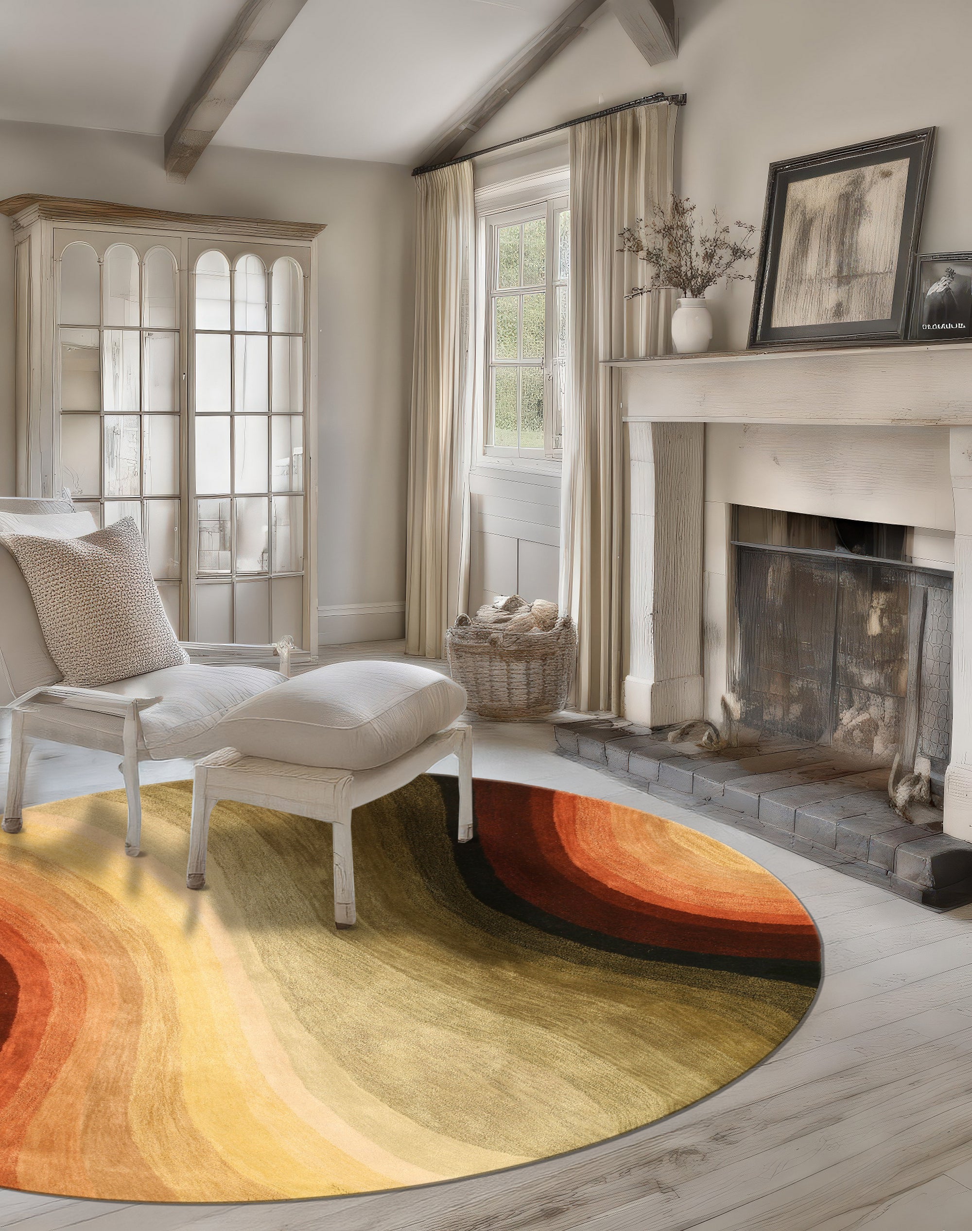 Stylish Sloane Multicolor Hand Tufted Wool Rug, its vibrant geometric pattern pops against a light hardwood floor, showcasing the rug's plush texture and lively color palette in a living room setting.