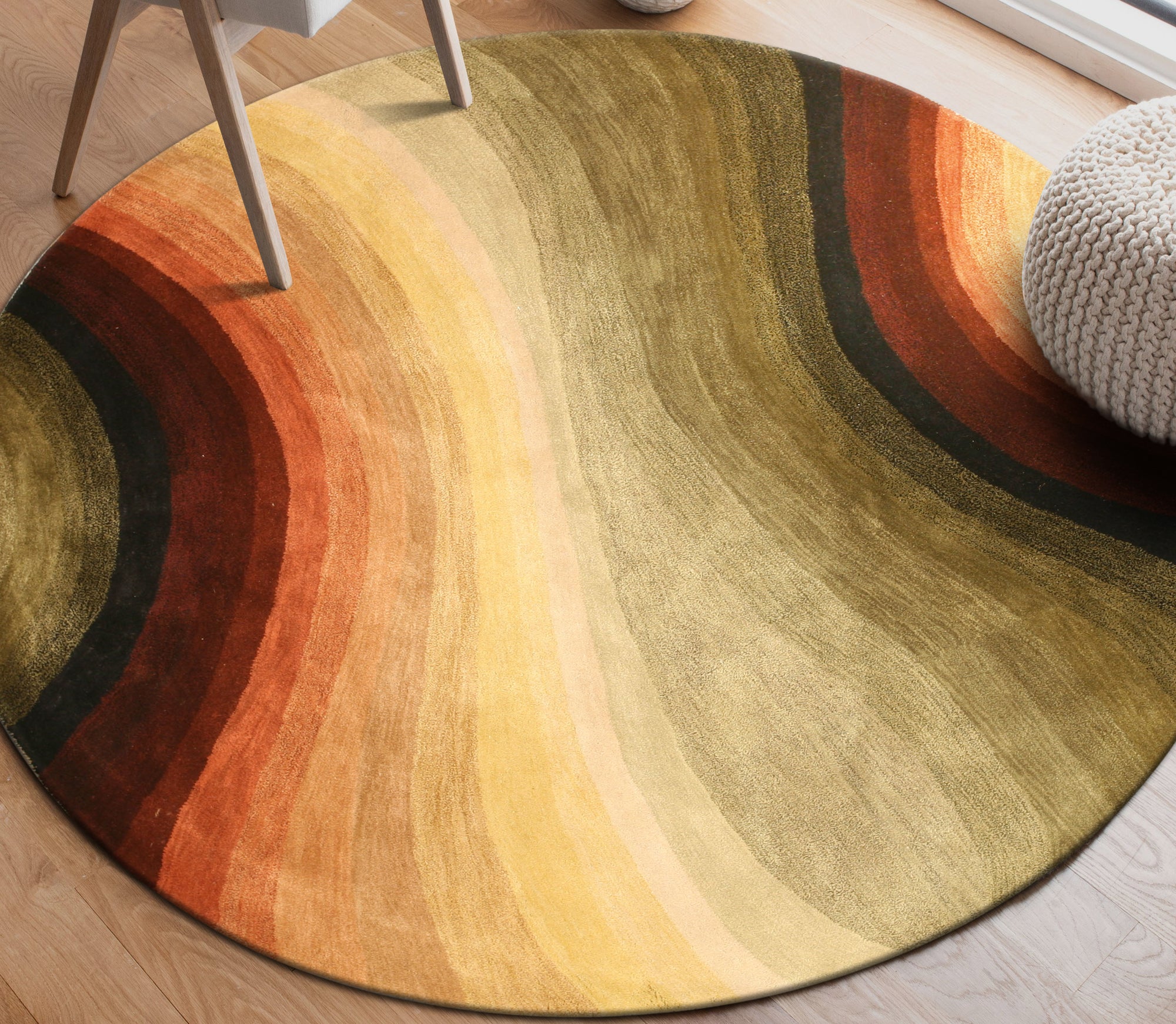Stylish Sloane Multicolor Hand Tufted Wool Rug, vibrant threads burst across a warm backdrop, creating a modern, inviting space.