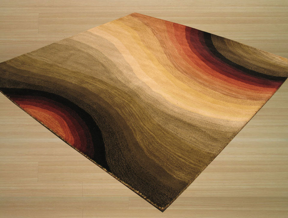 Stylish Sloane Multicolor Hand Tufted Wool Rug, vibrant geometric patterns dance across a soft wool texture, seen accenting a bright, modern living space.