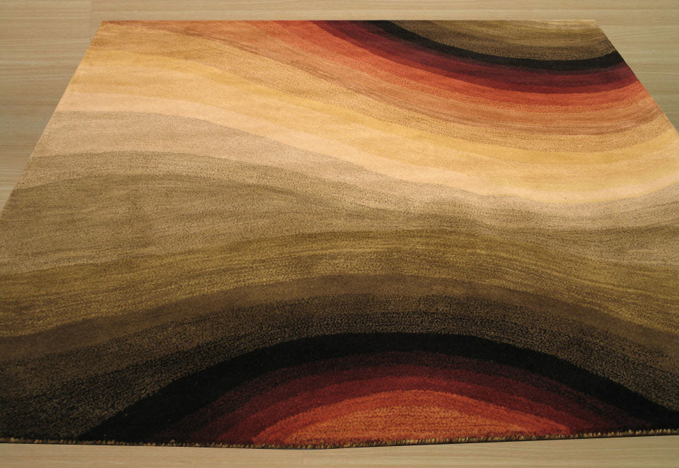 Stylish Sloane Multicolor Hand Tufted Wool Rug, a vibrant and textured wool rug with a dynamic, multi-hued design, lies grounded in a modern living space with contemporary furniture.
