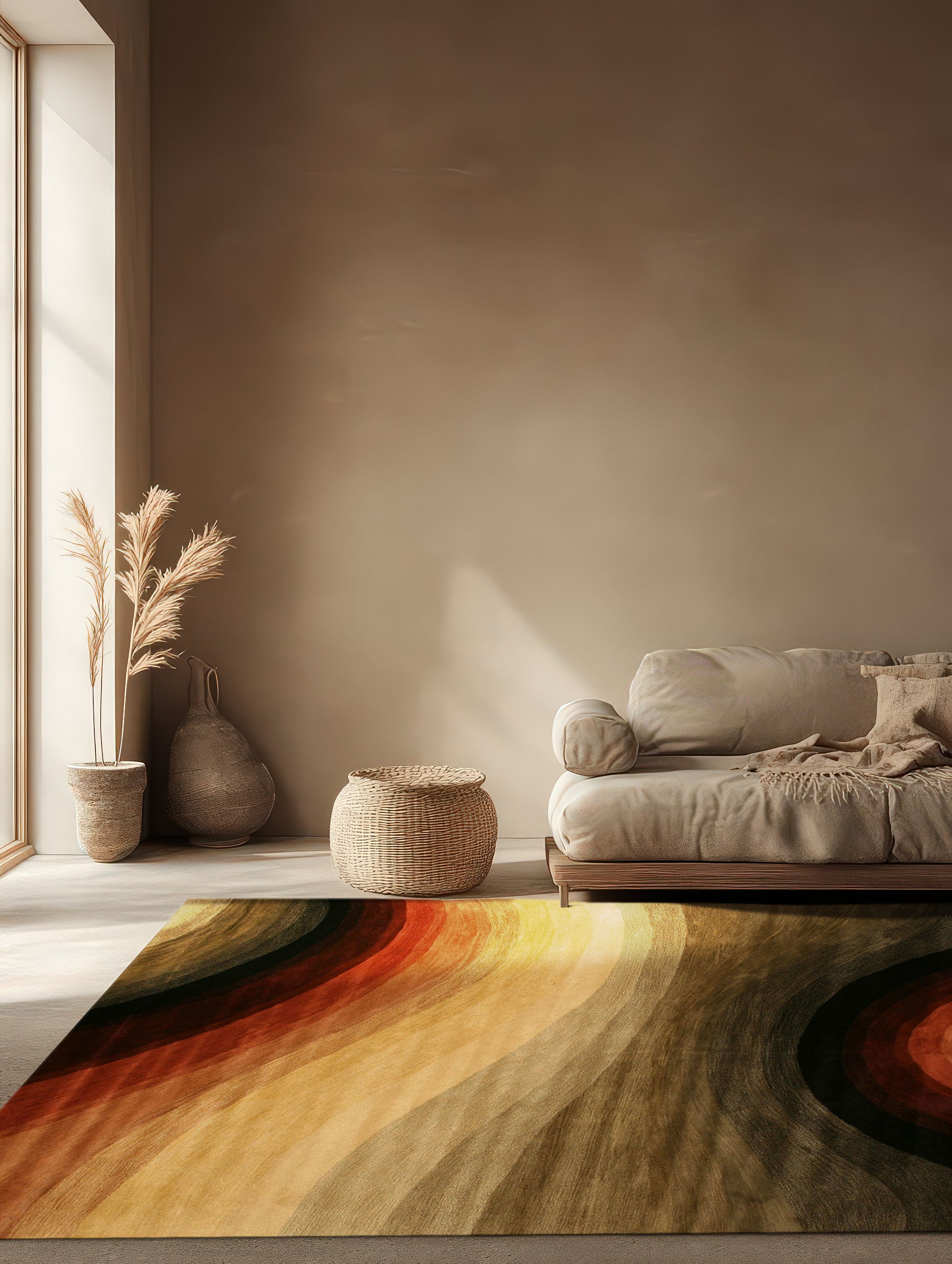 Stylish Sloane Multicolor Hand Tufted Wool Rug, vibrant hues blending across its plush wool surface, creates a dynamic focal point on a polished wood floor.