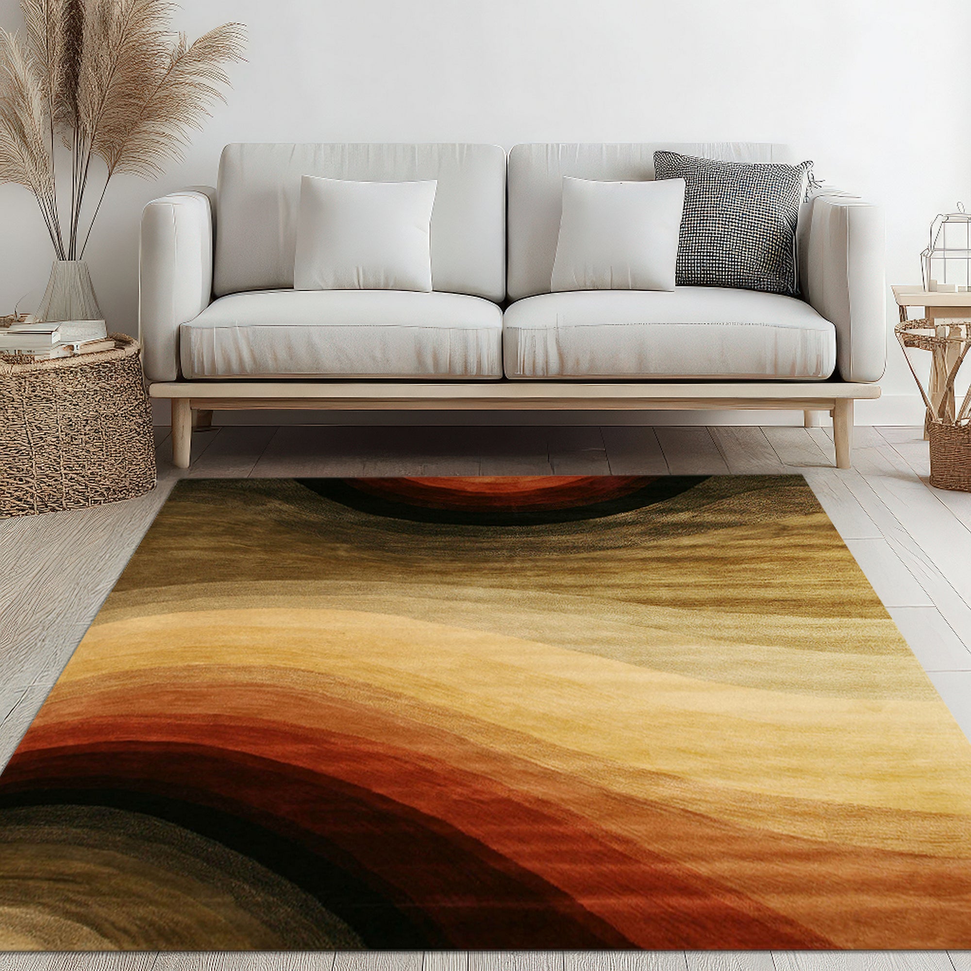 Stylish Sloane Multicolor Hand Tufted Wool Rug anchors a light-filled living space, its vibrant hues playing against neutral furniture. Hand-tufted wool construction lends plush texture and visual depth to the floor covering.