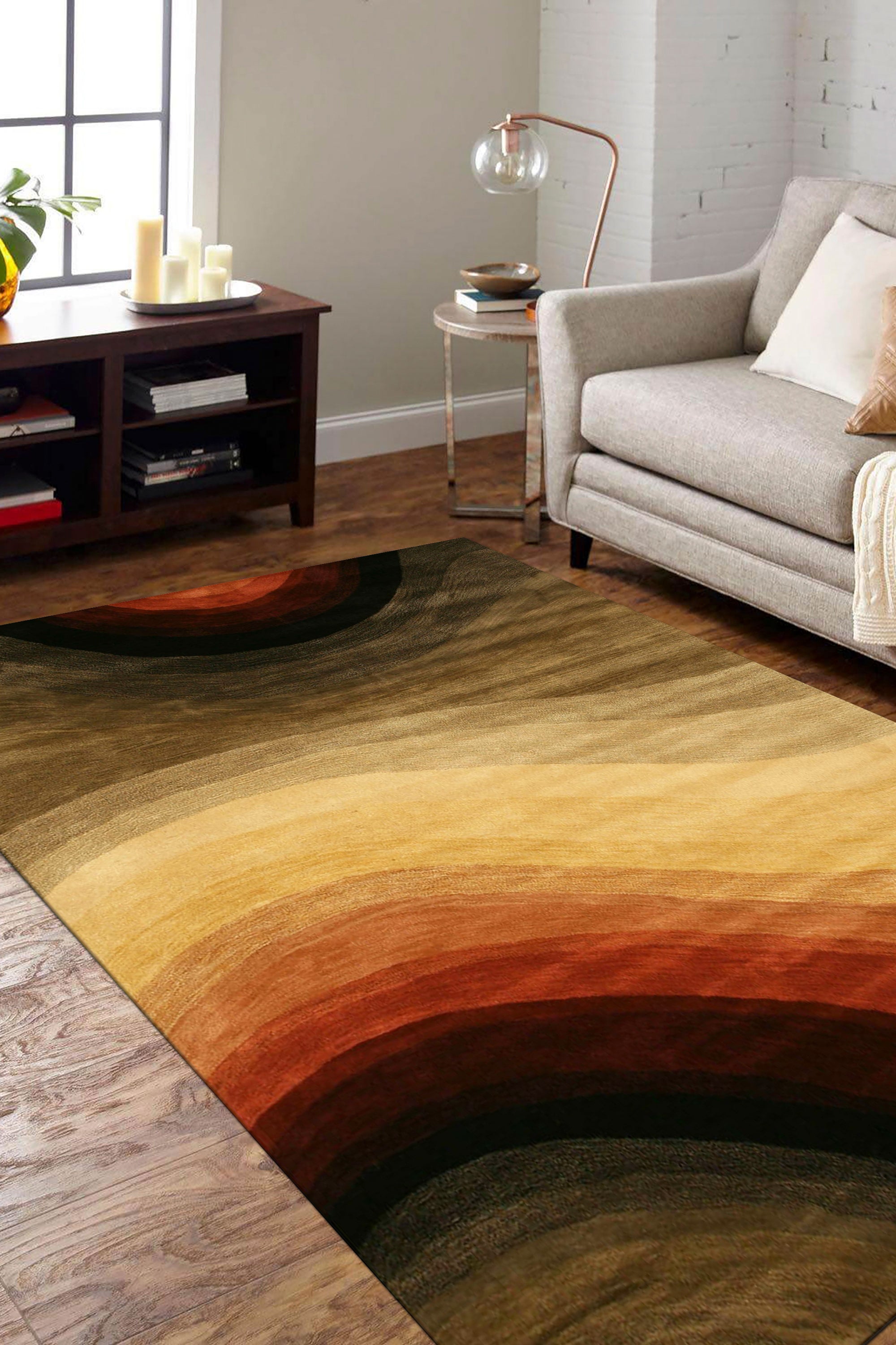 Stylish Sloane Multicolor Hand Tufted Wool Rug, vibrant stripes dancing across soft wool pile, fills a bright living space, adding warmth and modern flair.