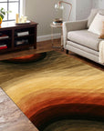 Stylish Sloane Multicolor Hand Tufted Wool Rug, vibrant stripes dancing across soft wool pile, fills a bright living space, adding warmth and modern flair.