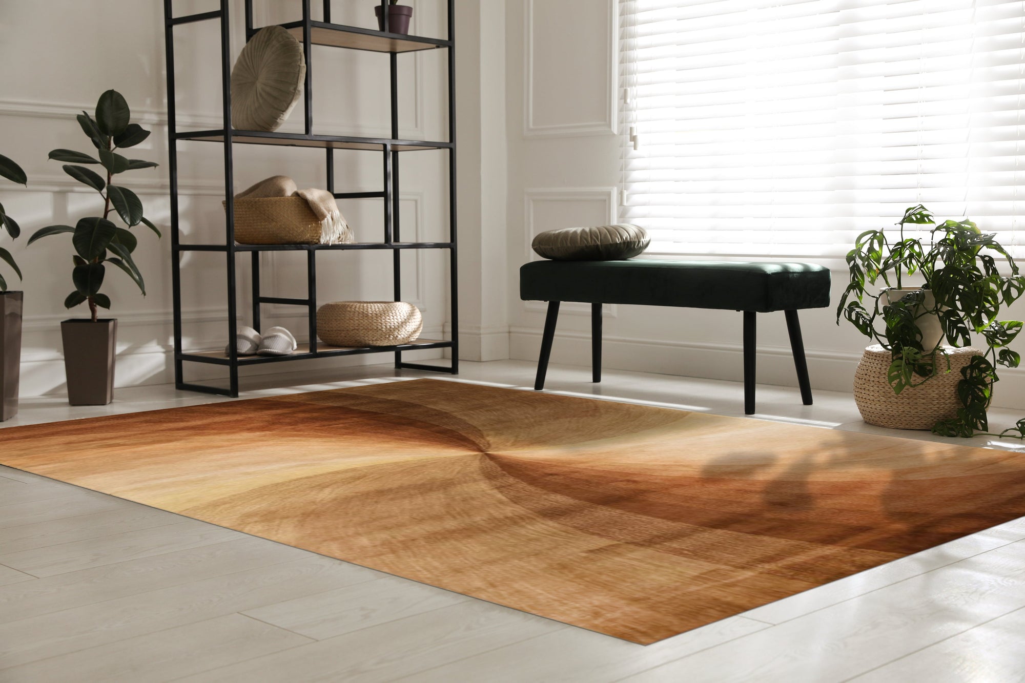 Ava Trendy Light Brown Hand Tufted Wool Rug, its warm light brown tones and hand-tufted texture lending a touch of casual elegance to a bright living room setting.