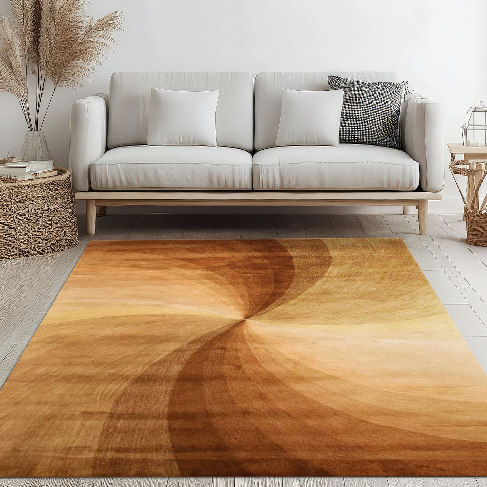 Ava Trendy Light Brown Hand Tufted Wool Rug, a light brown wool rug with a modern design, lies on a light wood floor, creating a warm and inviting atmosphere in a minimally decorated room.
