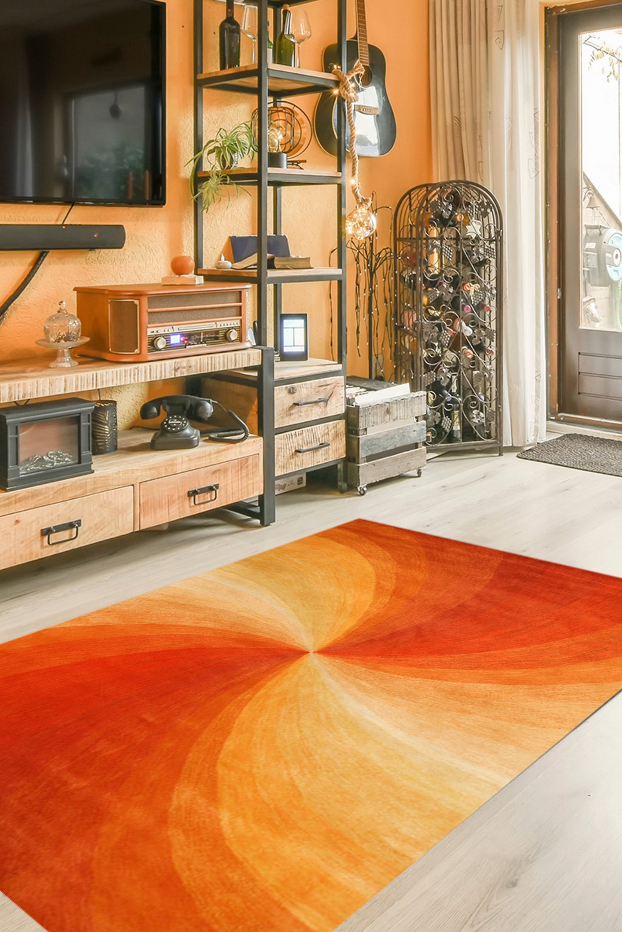 Versatile Sleek Orange Hand Tufted Wool Rug, its warm orange hue illuminating a modern living space with hardwood floors and a glimpse of a patterned armchair, showcasing its ability to complement contemporary decor.