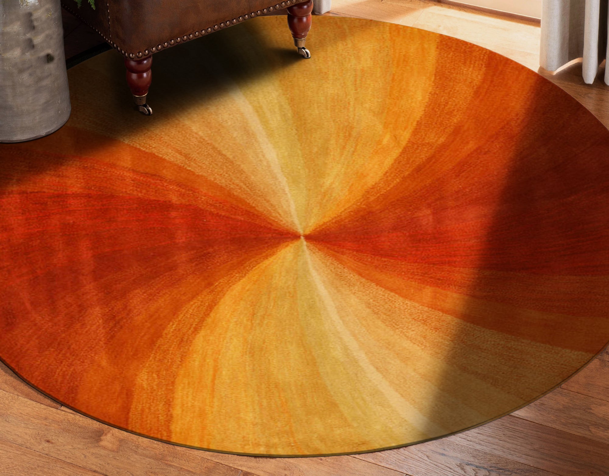 Versatile Sleek Orange Hand Tufted Wool Rug, its rich orange hue and textured wool pile bringing warmth to a modern living space; the rug anchors a light-toned sofa and adds a vibrant pop of color to the room.