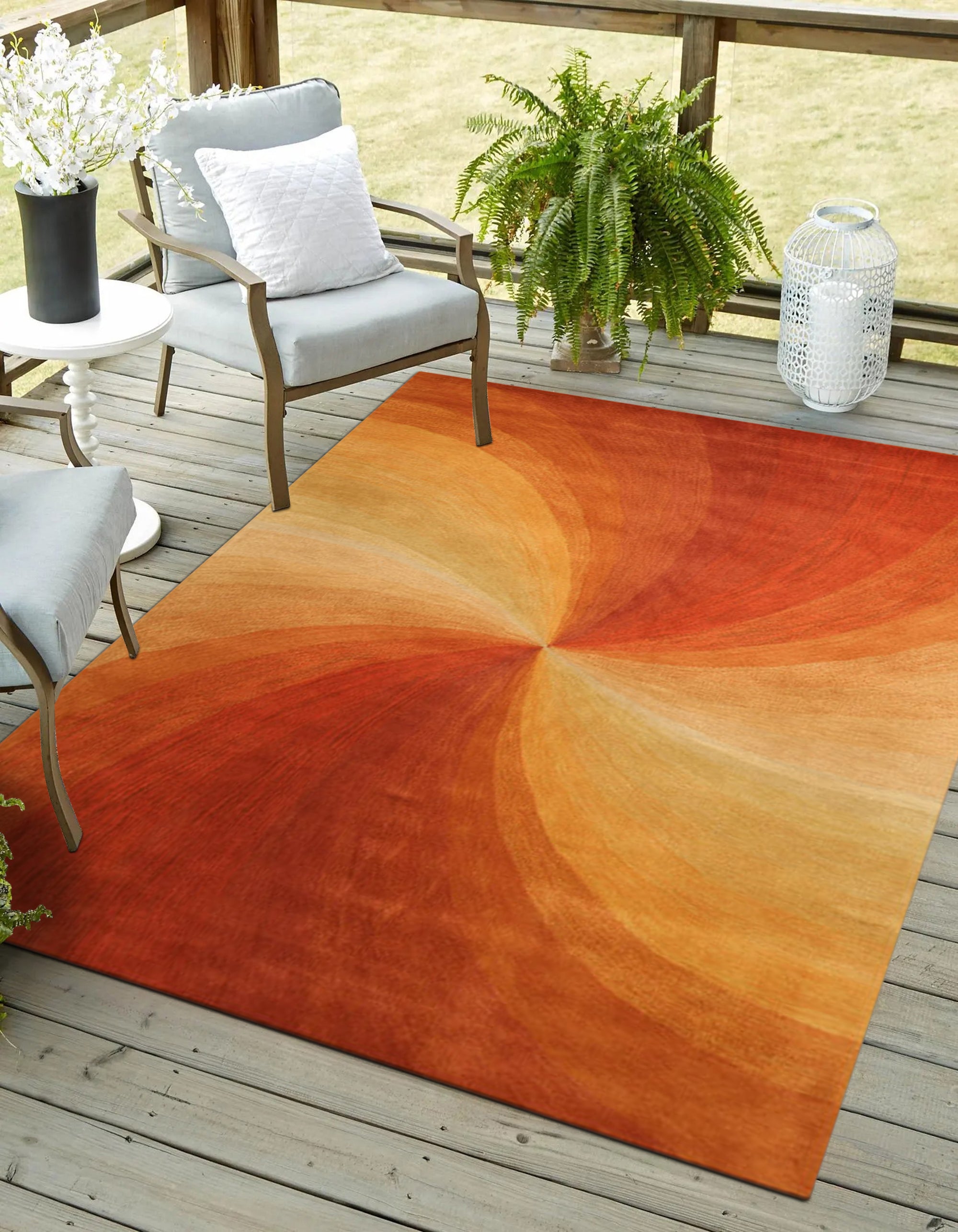 Versatile Sleek Orange Hand Tufted Wool Rug, showcasing its vibrant orange hue and soft, hand-tufted texture on a light hardwood floor in a bright, modern living room setting.