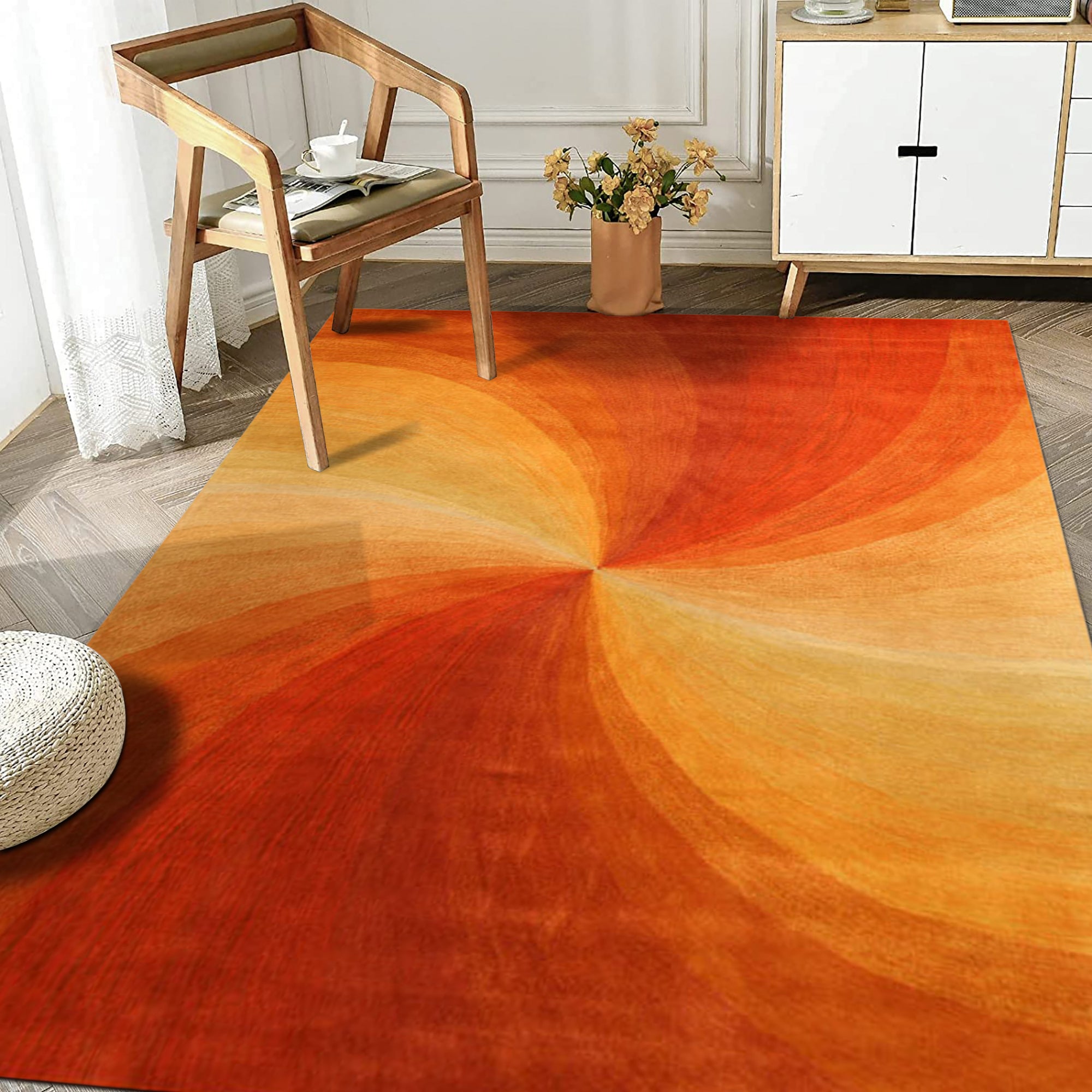 Versatile Sleek Orange Hand Tufted Wool Rug, vibrant orange wool creating a textured surface in a bright, modern living room setting.
