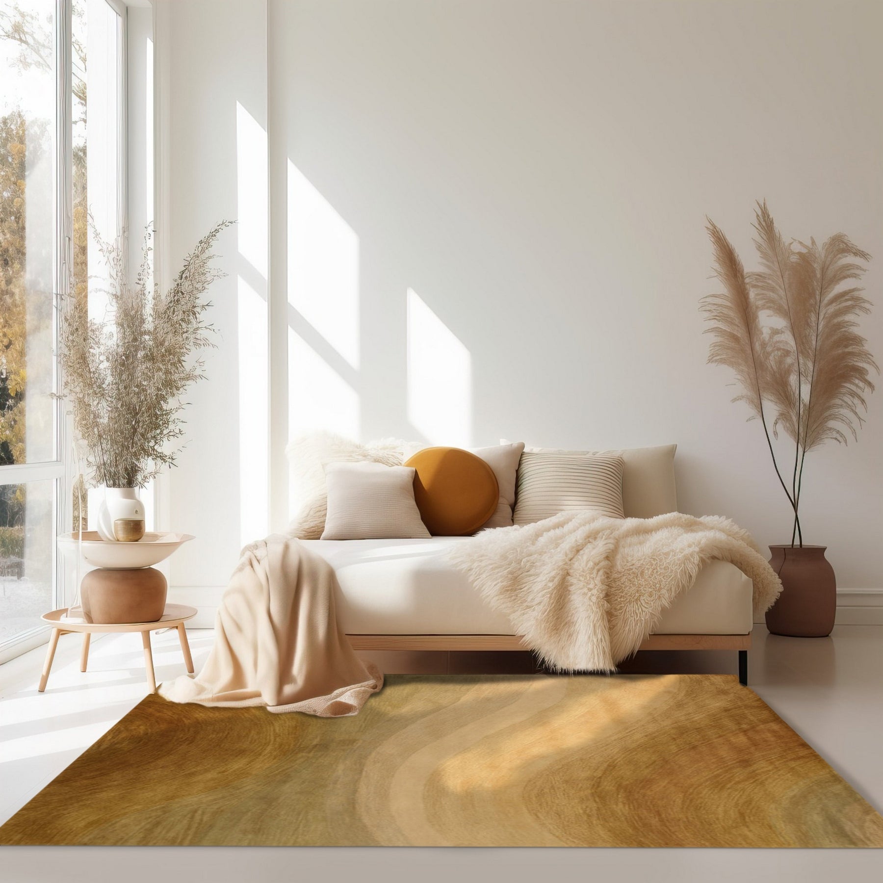 Nina Stylish Beige Hand Tufted Wool Rug, featuring a subtle geometric pattern in calming beige tones, anchors a light-filled living room with neutral furniture. Soft, hand-tufted wool offers a luxurious texture underfoot.