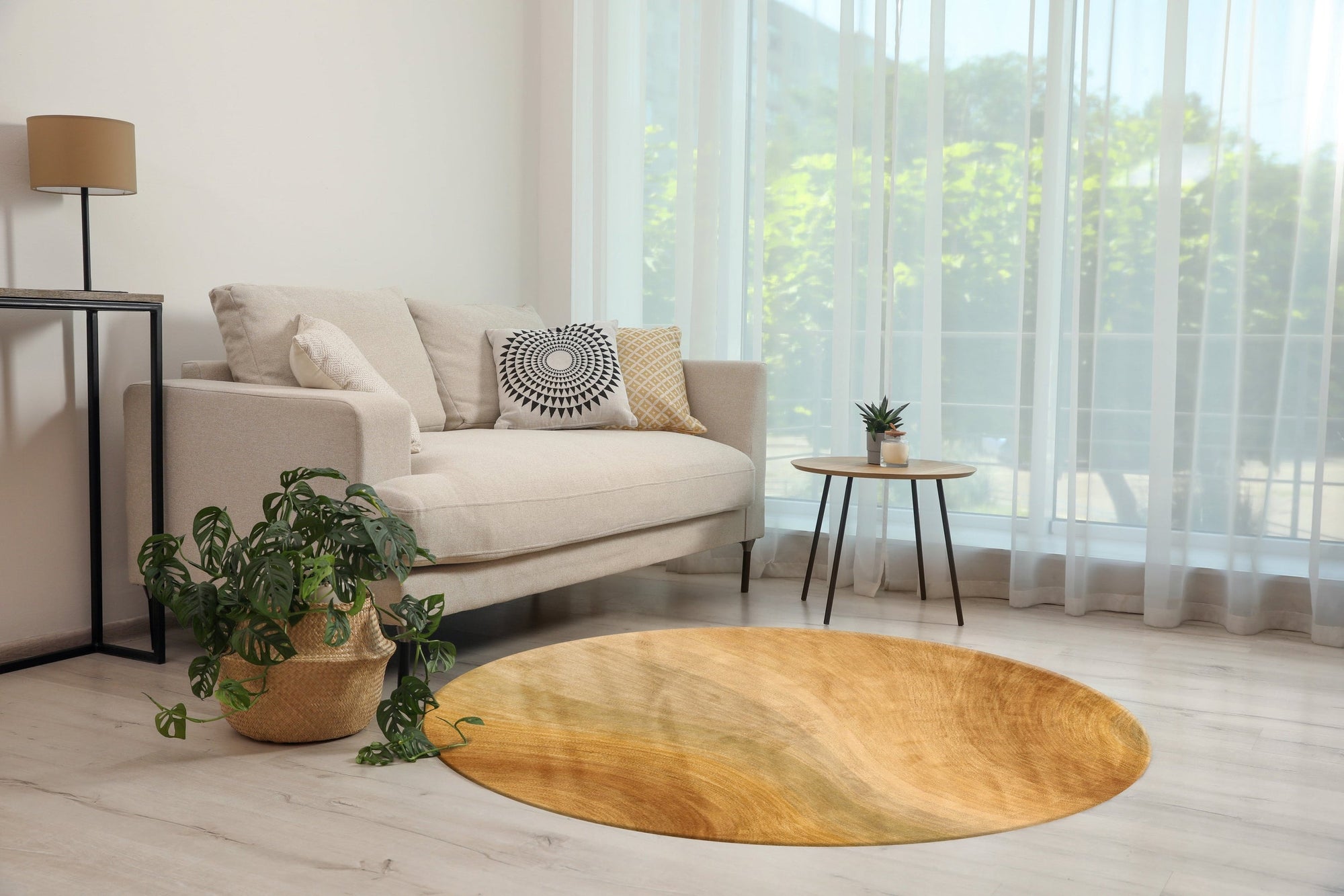 Nina Stylish Beige Hand Tufted Wool Rug, its soft beige tones and plush hand-tufted texture complementing a minimalist living room setting with white furniture and natural light.