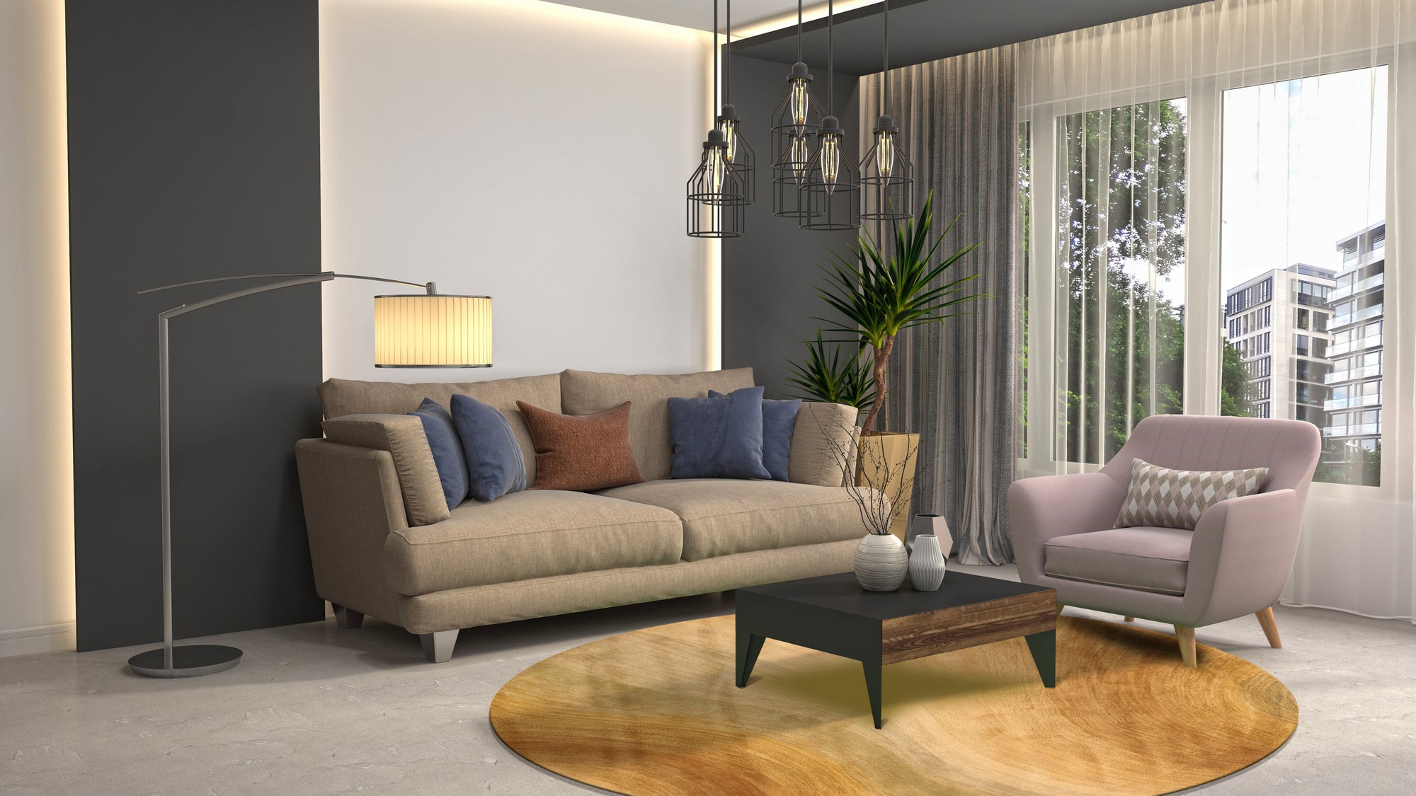 Nina Stylish Beige Hand Tufted Wool Rug, a calming beige wool rug with a textured, geometric pattern, displayed in a bright, modern living space.