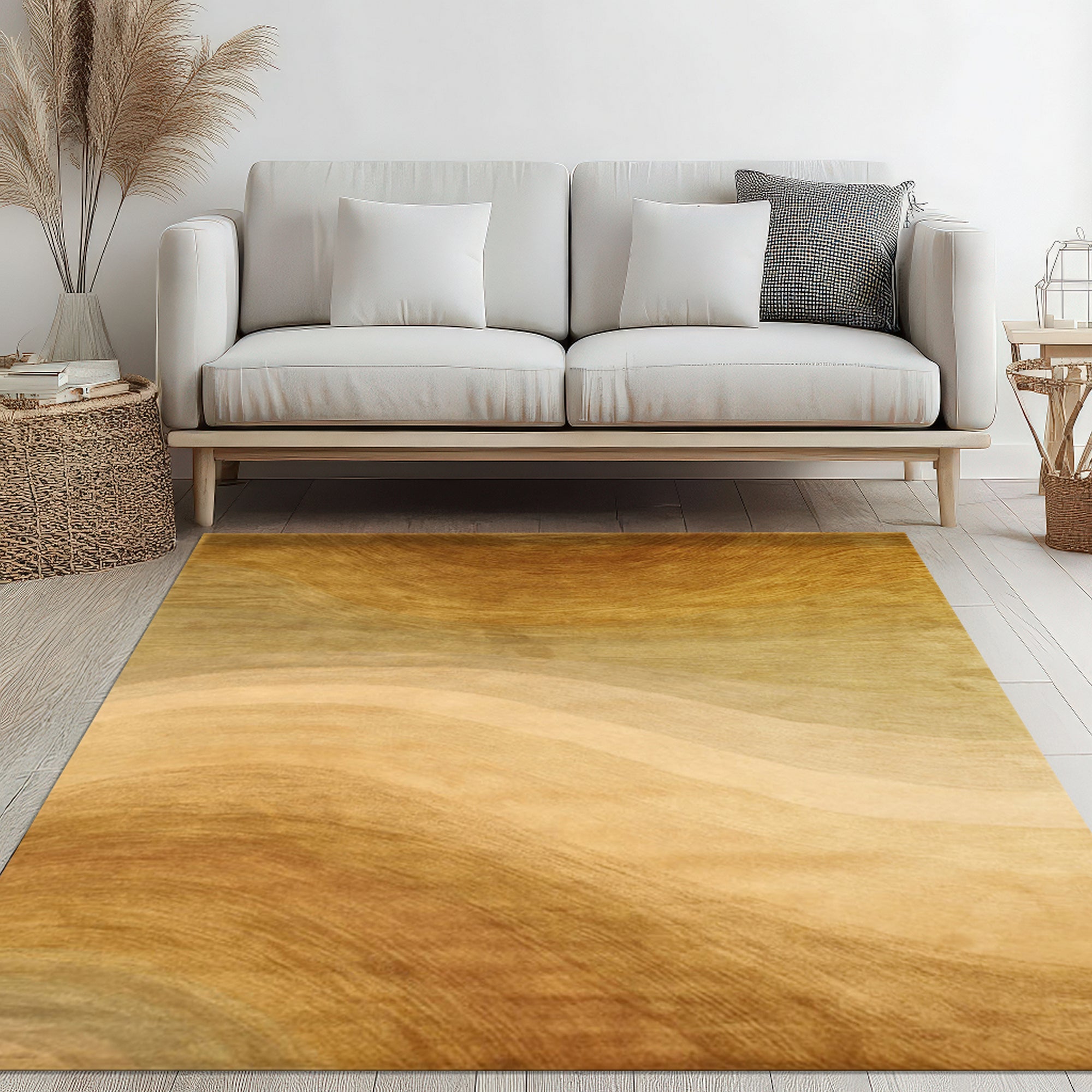 Nina Stylish Beige Hand Tufted Wool Rug, warm beige tones and textured wool construction visible in a cozy living room setting.