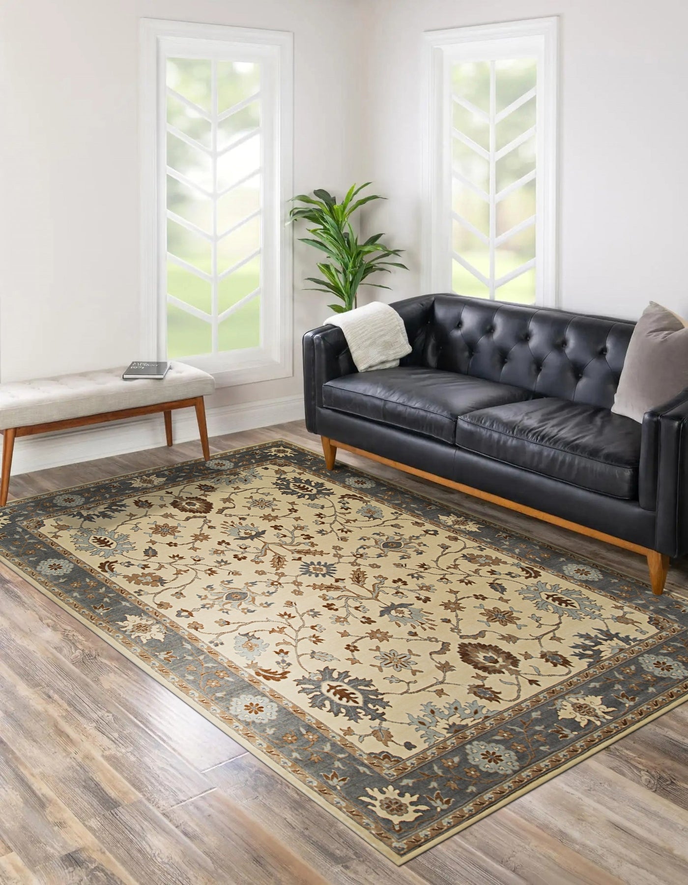 Opulent Oushak Ivory Hand Knotted Wool Rug, a soft ivory wool rug with a traditional Oushak design, seen in a bright interior setting.