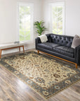Opulent Oushak Ivory Hand Knotted Wool Rug, a soft ivory wool rug with a traditional Oushak design, seen in a bright interior setting.