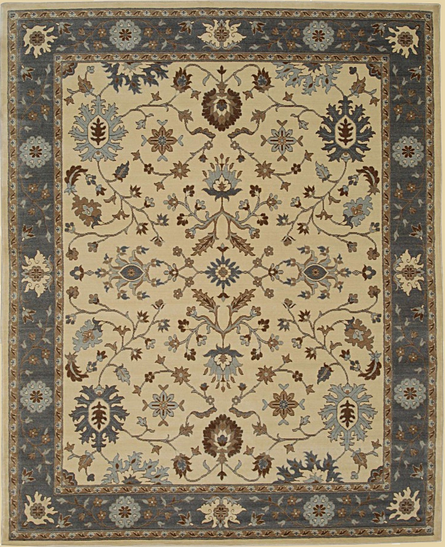 Isolated view of Opulent Oushak Ivory Hand Knotted Wool Rug, showcasing its intricate floral and geometric design.