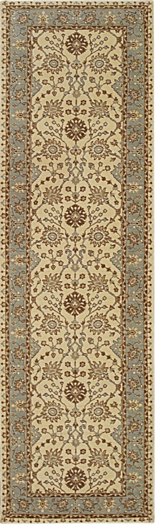 Opulent Oushak Ivory Hand Knotted Wool Rug, seen in a room setting, showcases its intricate hand-knotted construction and soft ivory hues.