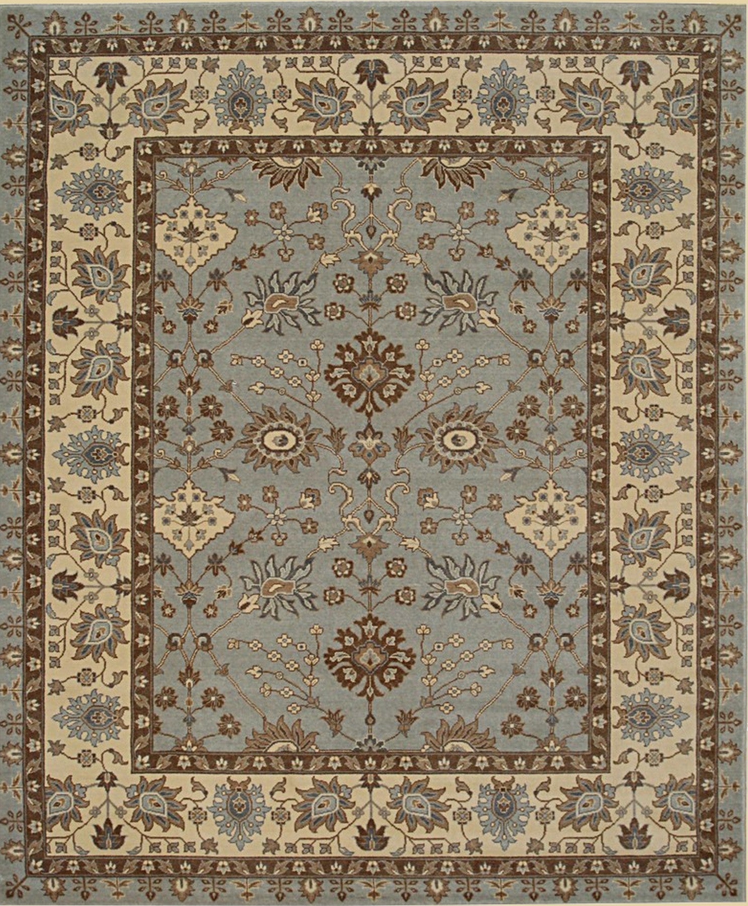 Isolated view showcasing the Artisan Oushak Light Blue Hand Knotted Wool Rug's intricate floral design and soft, calming color palette.