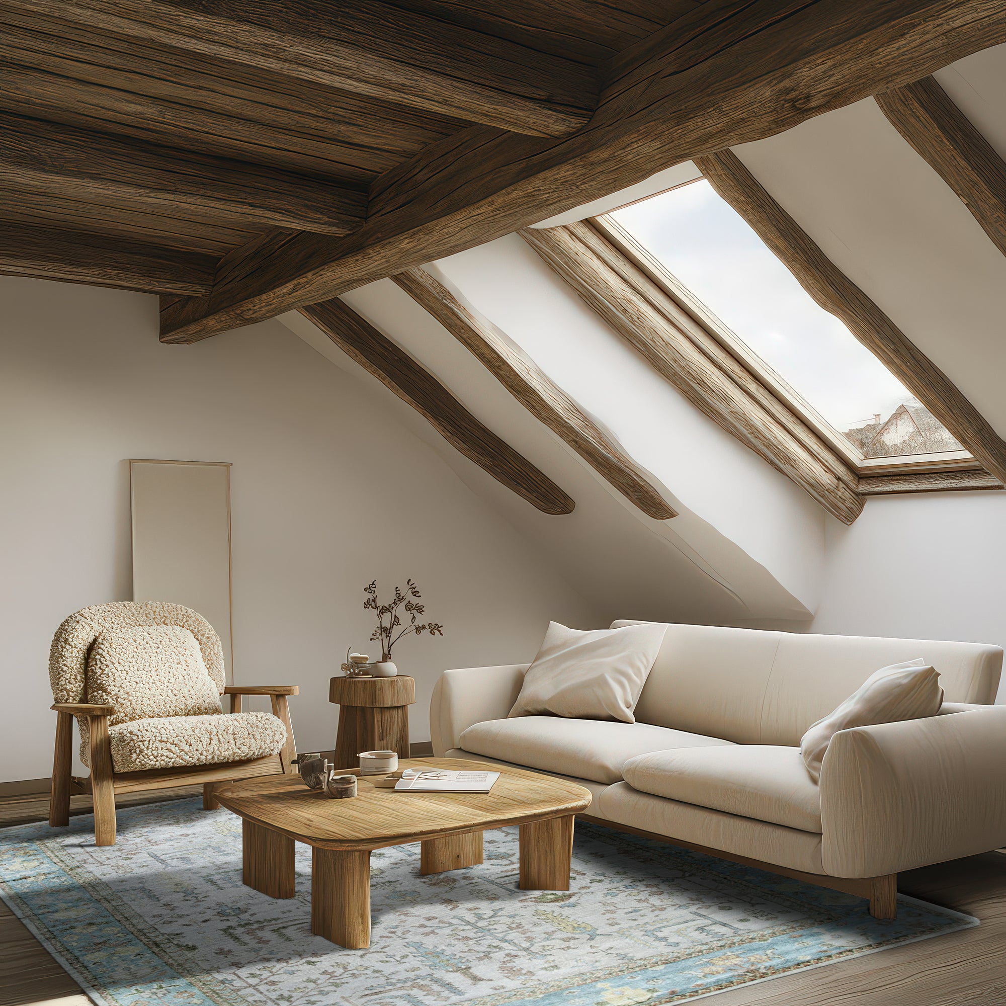 Classic Oushak Beige Hand Knotted Wool Rug, a warm beige hand-knotted wool rug with a traditional Oushak design, displayed as part of a room setting.