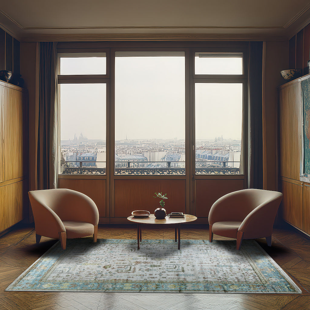 Classic Oushak Beige Hand Knotted Wool Rug, its subtle beige tones and intricate Oushak design elegantly grounding a contemporary living space.