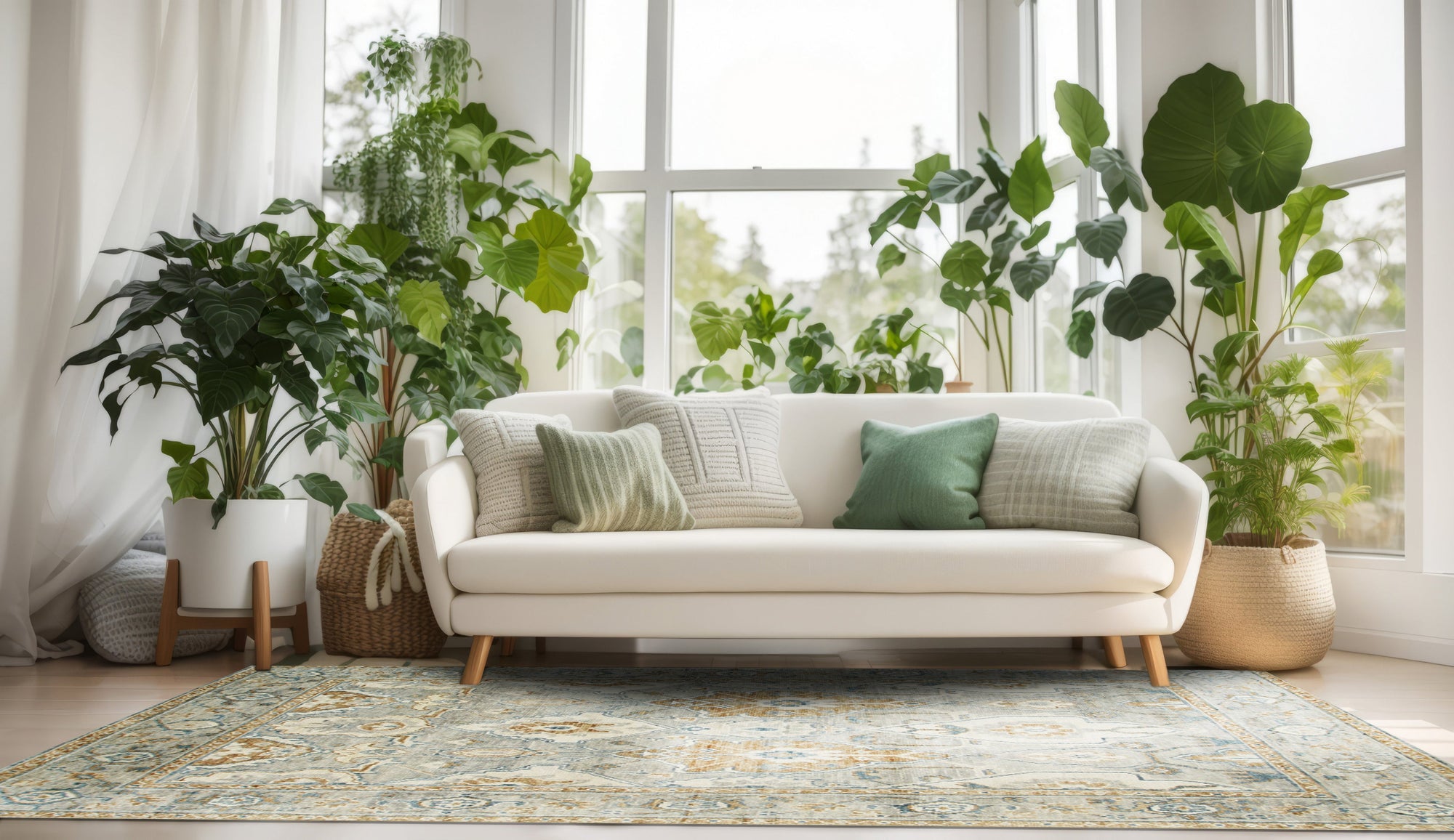 Freya Oushak Green Hand Knotted Wool Rug, exhibiting a detailed pattern in shades of green and cream, lies elegantly on a light wooden floor, enhancing a room with neutral walls and minimalist decor.