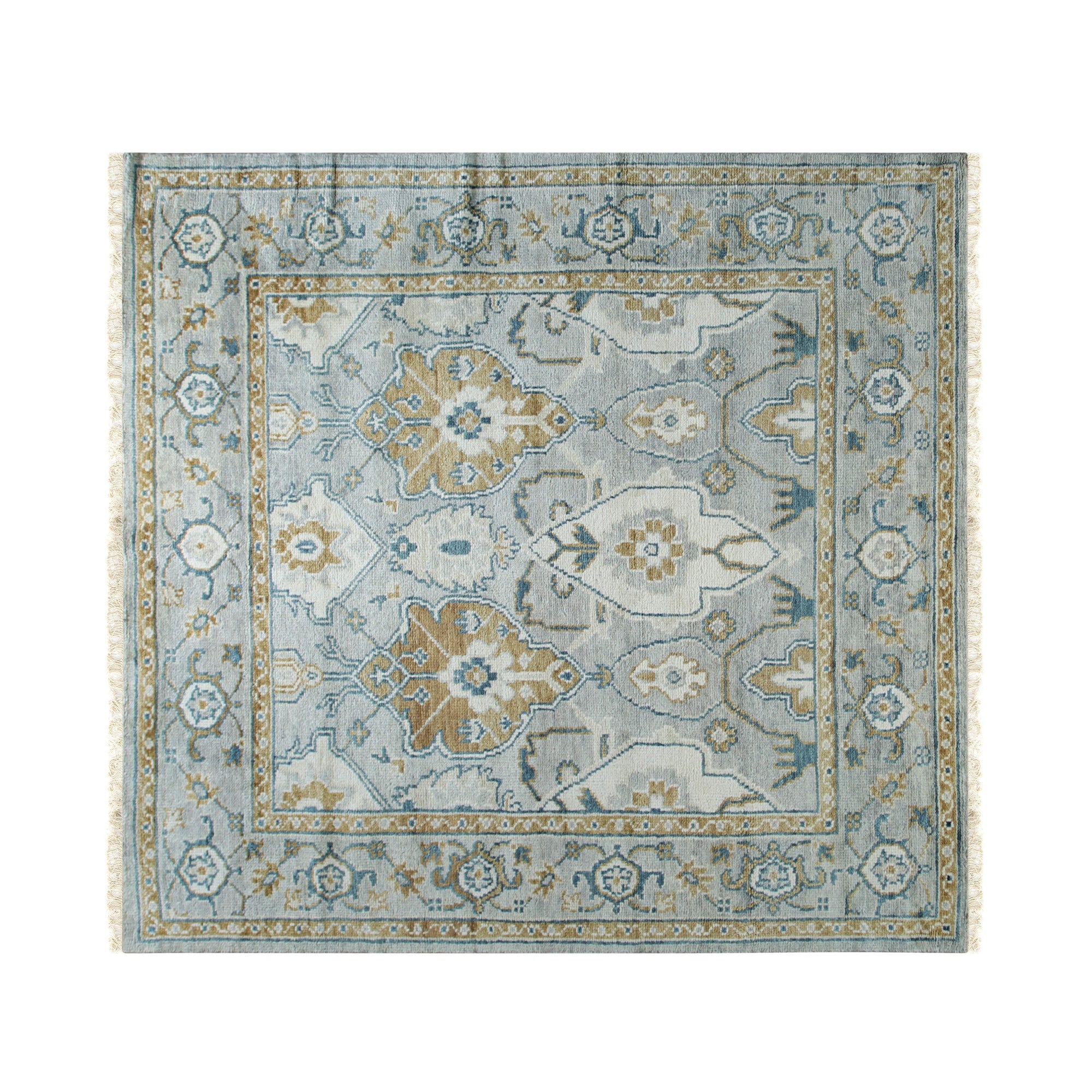 Freya Oushak Green Hand Knotted Wool Rug displayed, featuring a traditional Oushak design in shades of green and cream.