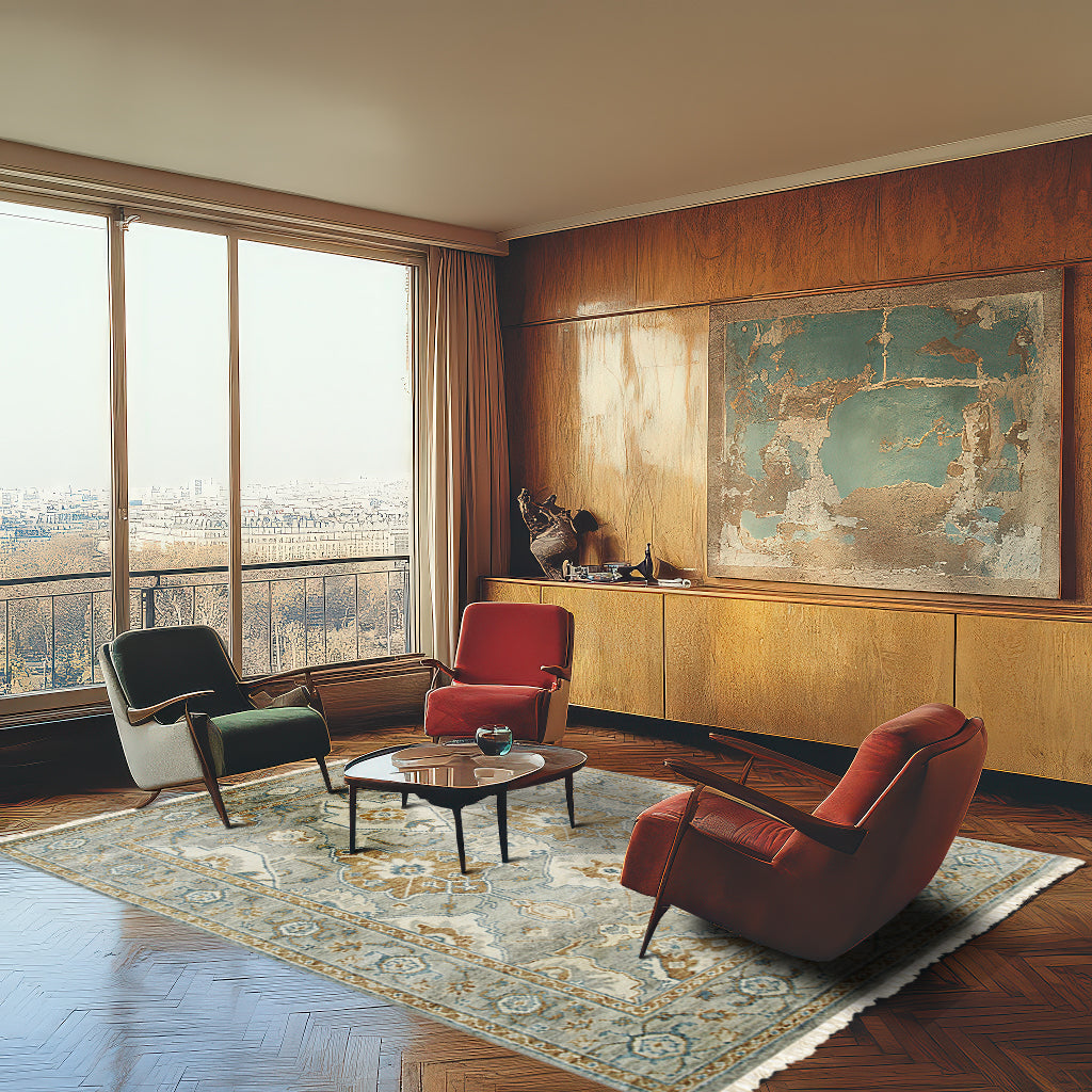 Freya Oushak Green Hand Knotted Wool Rug, vibrant hues of green and cream swirling across a hand-knotted wool pile, creating an inviting and luxurious texture underfoot in a brightly lit living room setting.